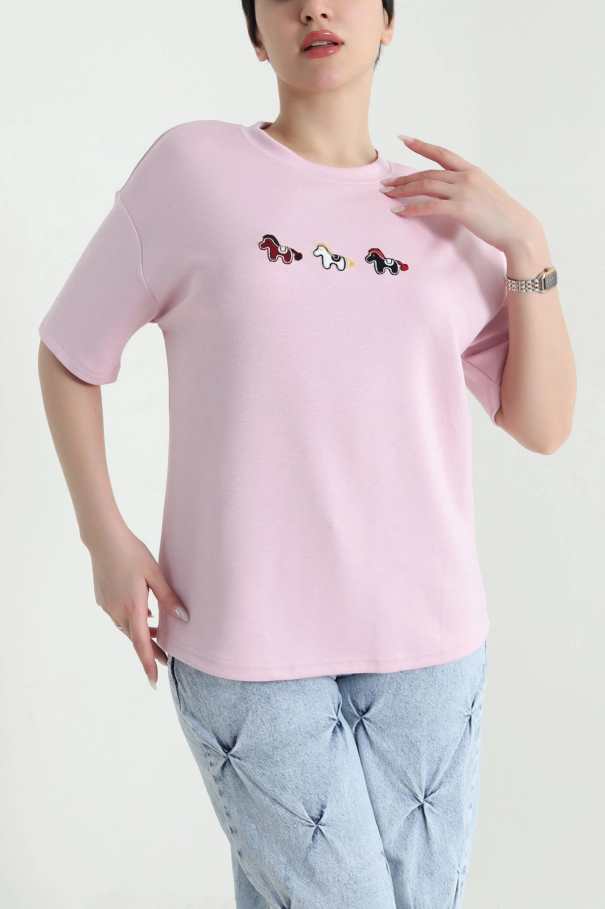 Pembe Nakışlı Modal Kadın Tişört 449610