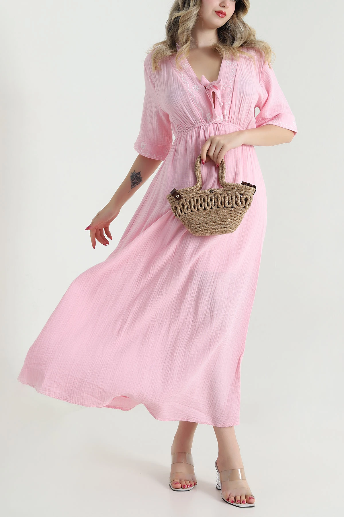 Pembe Nakışlı Müslin Keten Kadın Elbise 475819