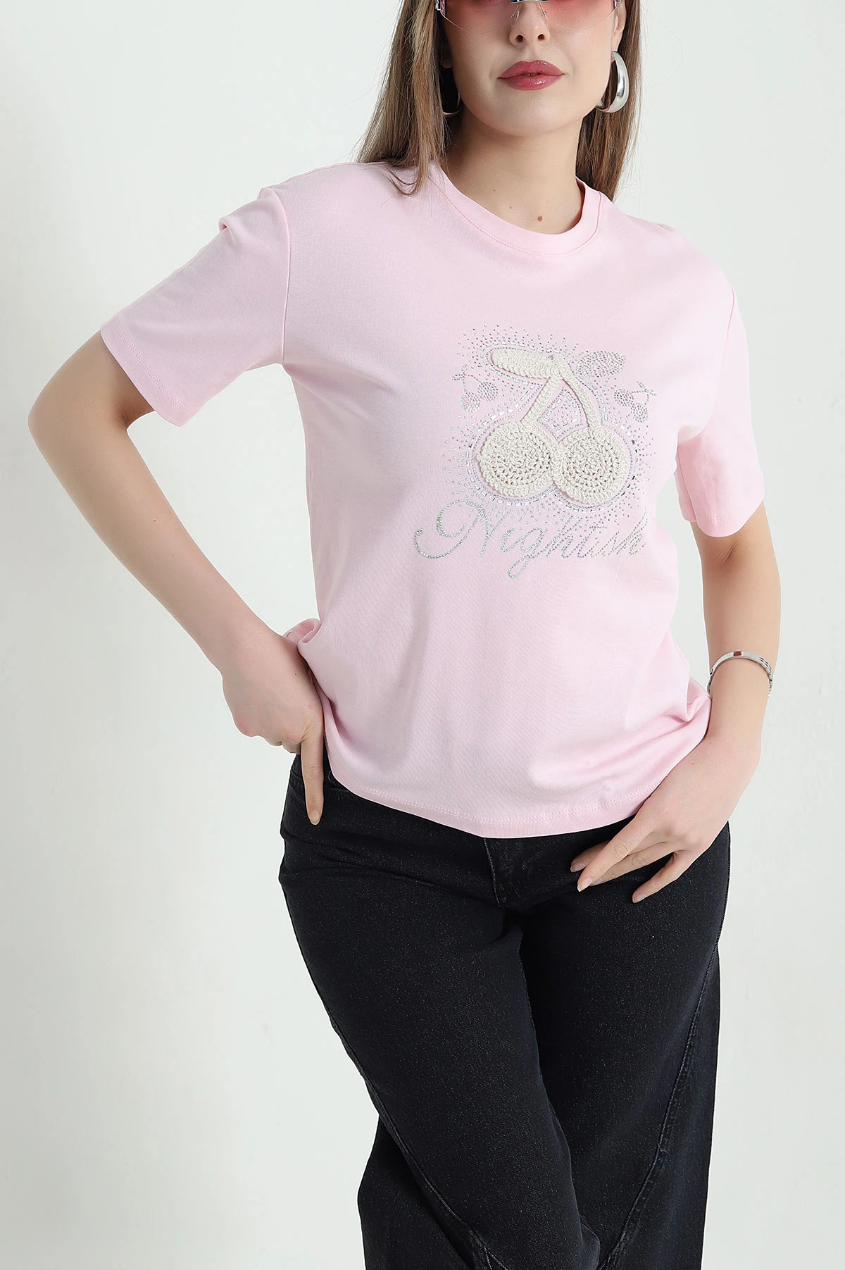 Pembe Nakışlı Taşlı İnterlok Kadın Tişört 439394