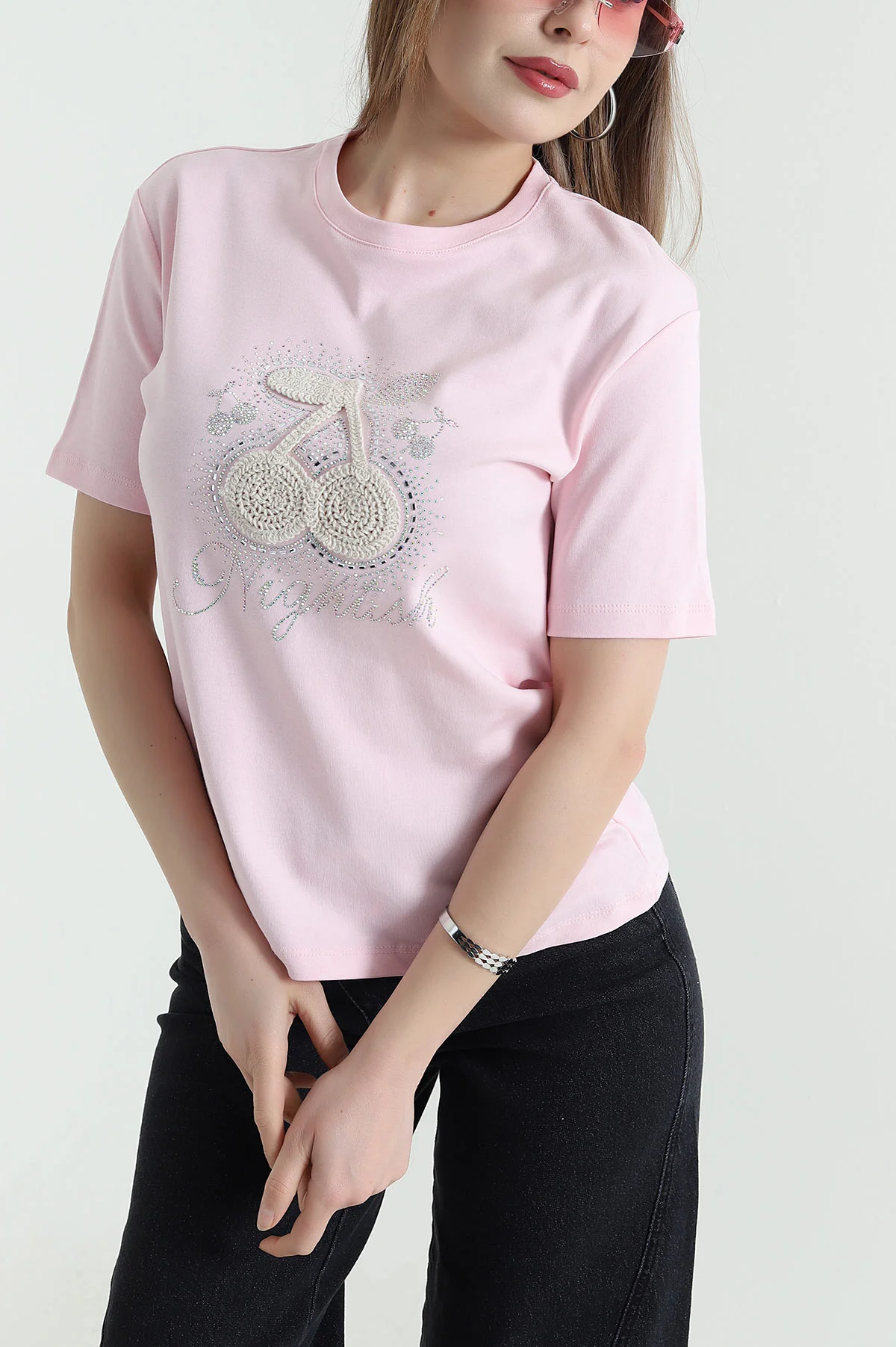 Pembe Nakışlı Taşlı İnterlok Kadın Tişört 439394