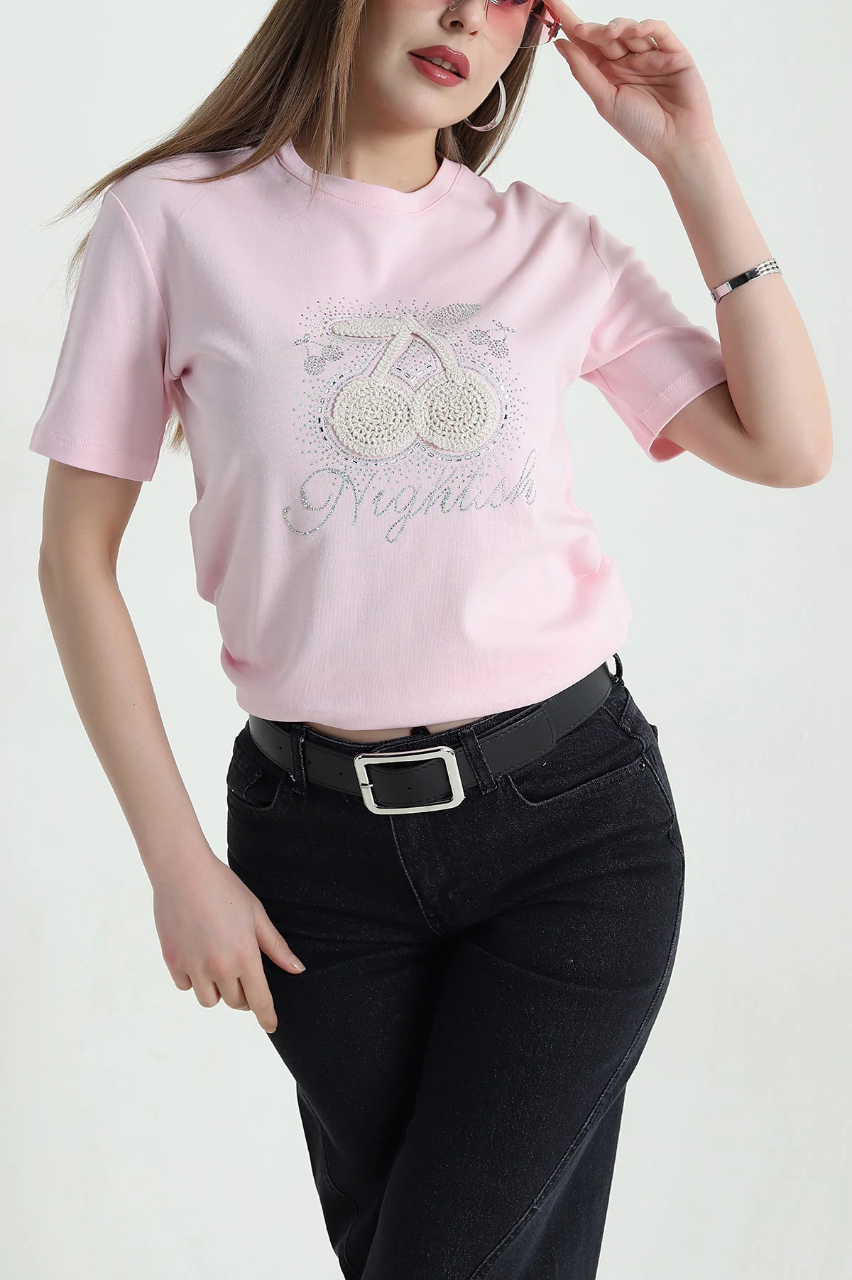 Pembe Nakışlı Taşlı İnterlok Kadın Tişört 439394