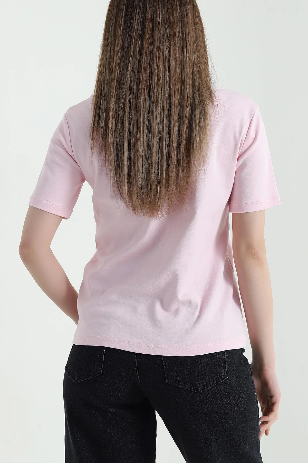 Pembe Nakışlı Taşlı İnterlok Kadın Tişört 439394