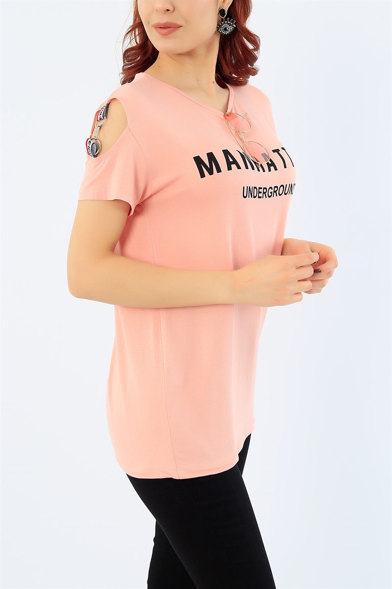 Pembe Omuz Detayı Baskılı Bayan Tişört 31033