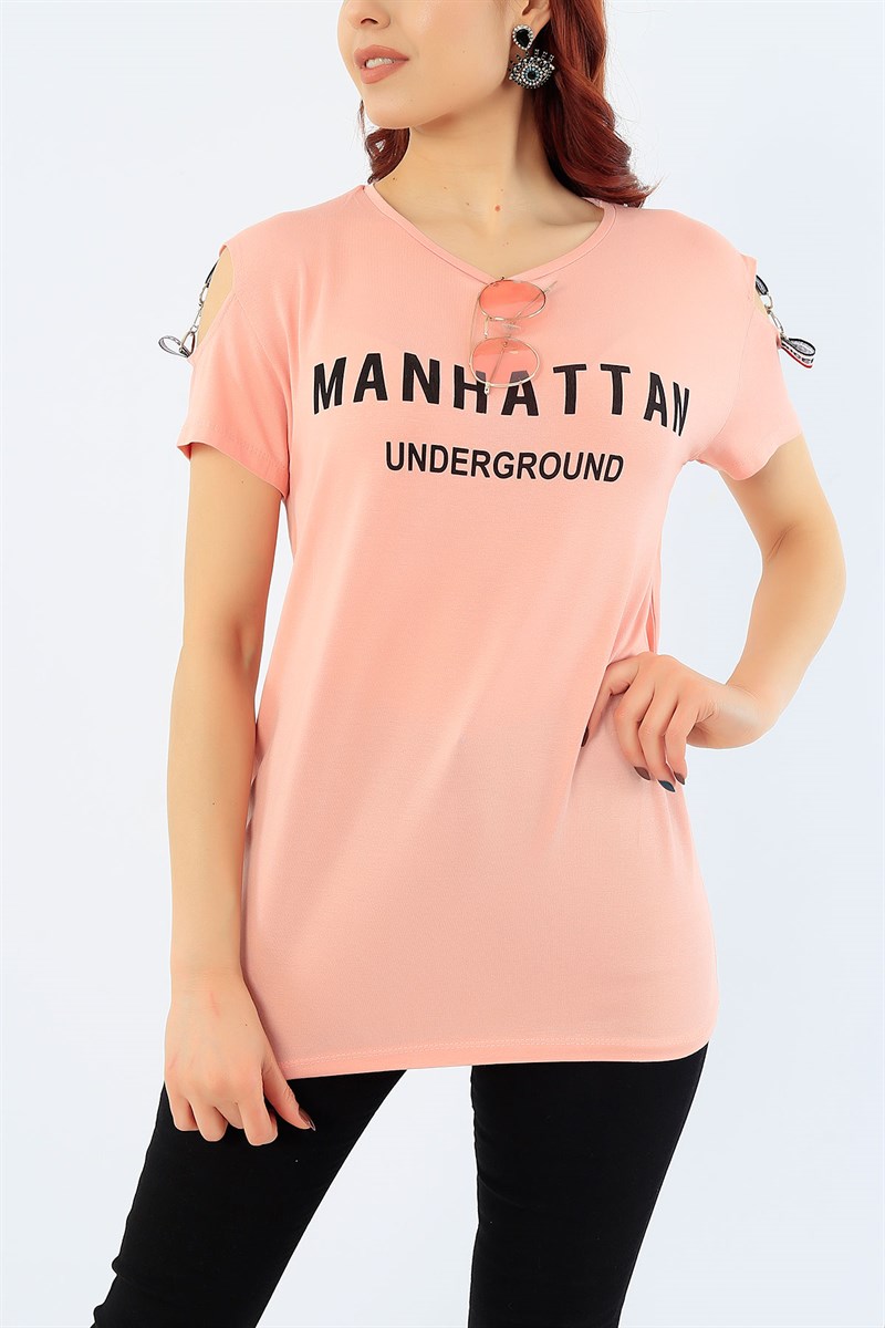 Pembe Omuz Detayı Baskılı Bayan Tişört 31033