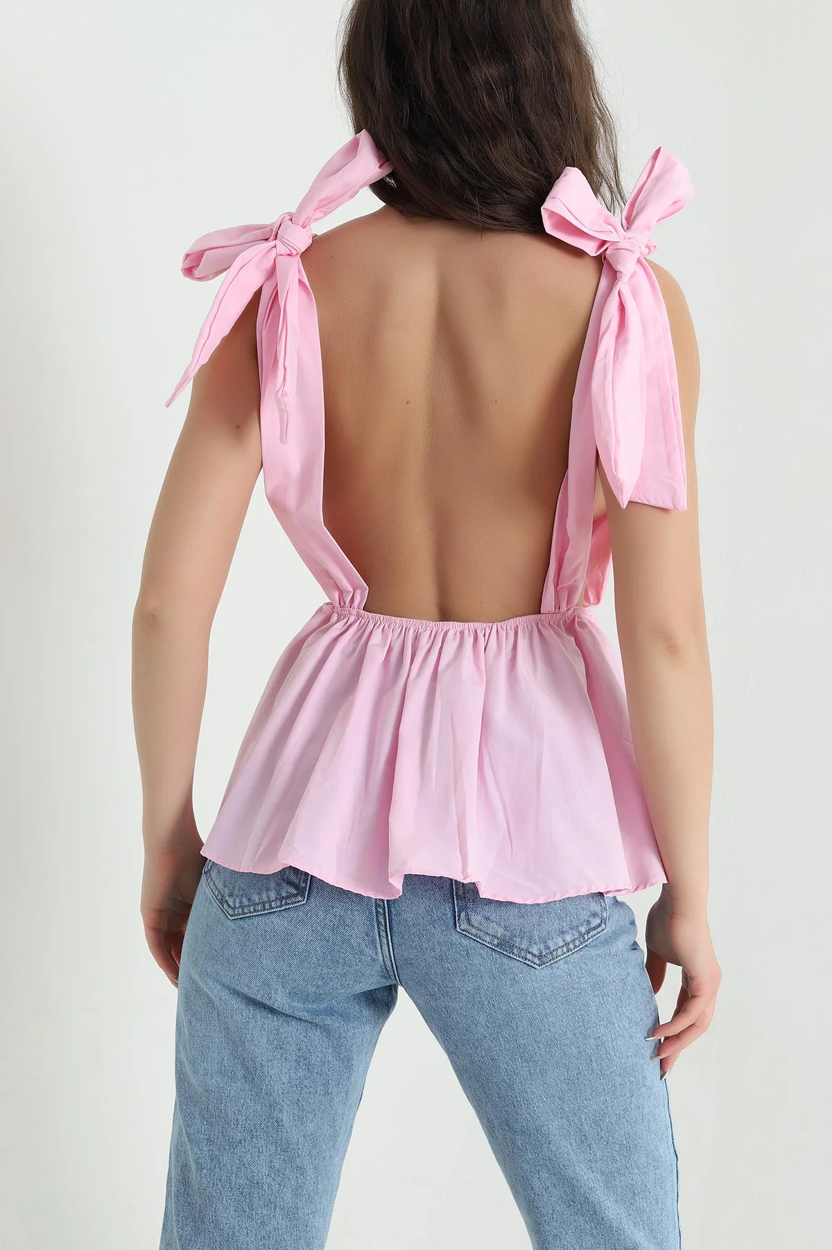 Pembe Omuzdan Bağlamalı Terikoton Kadın Bluz 456508