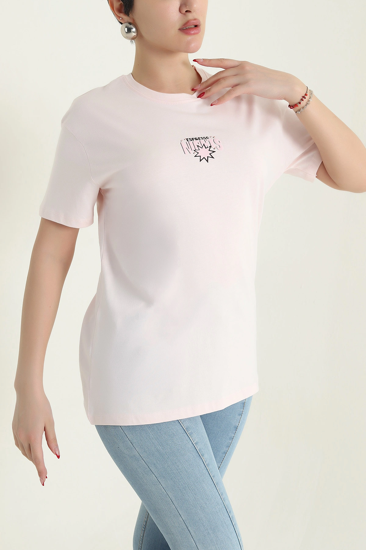 Pembe Ön Arka Baskılı Kadın Tişört 435151