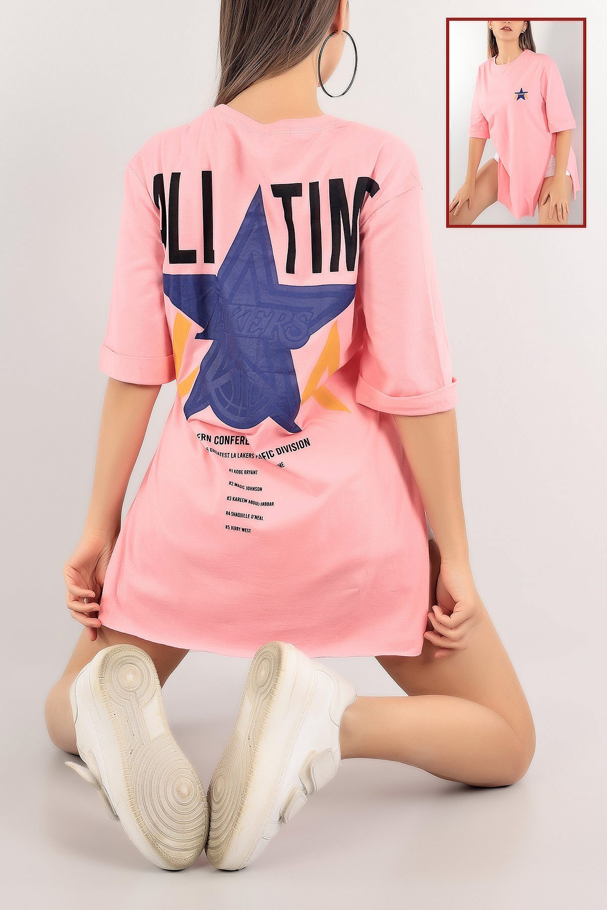 Pembe Ön Arka Baskılı Yırtmaçlı Tişört 114651
