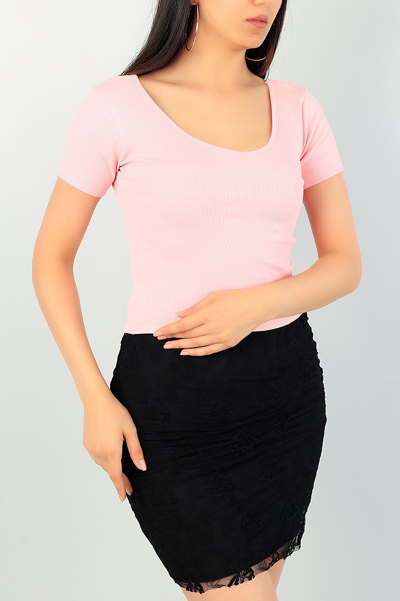 Pembe Ön Arka V Yaka Bayan Tişört 71701