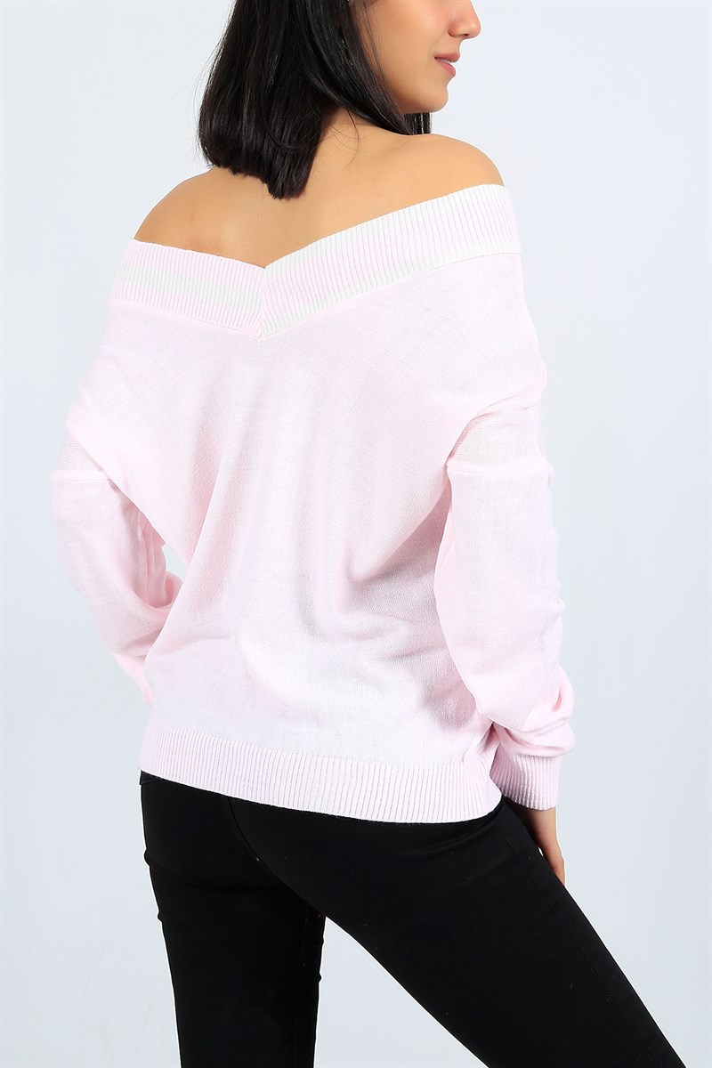 Pembe Ön Arka V Yaka Triko Kazak 23782B