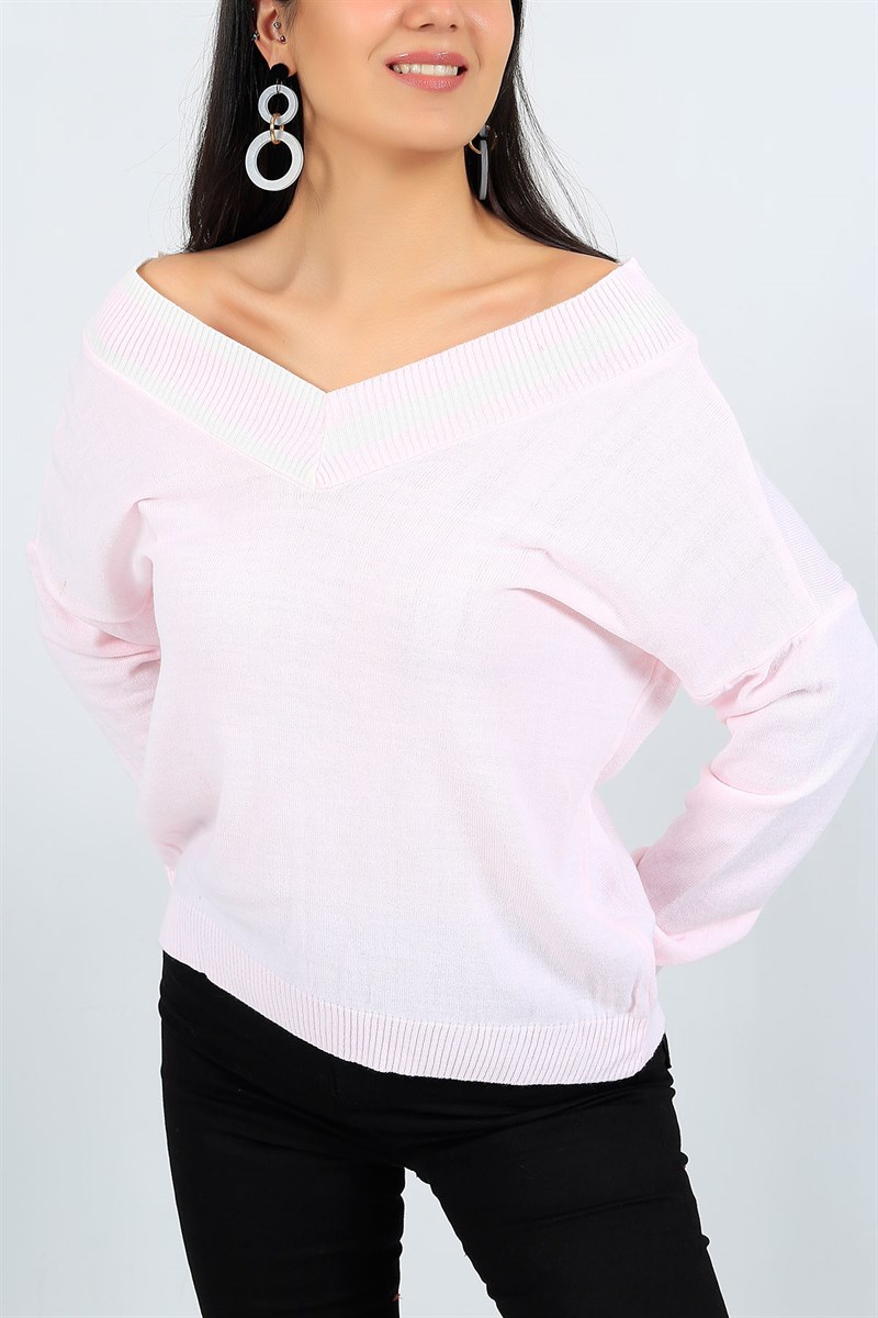 Pembe Ön Arka V Yaka Triko Kazak 23782B