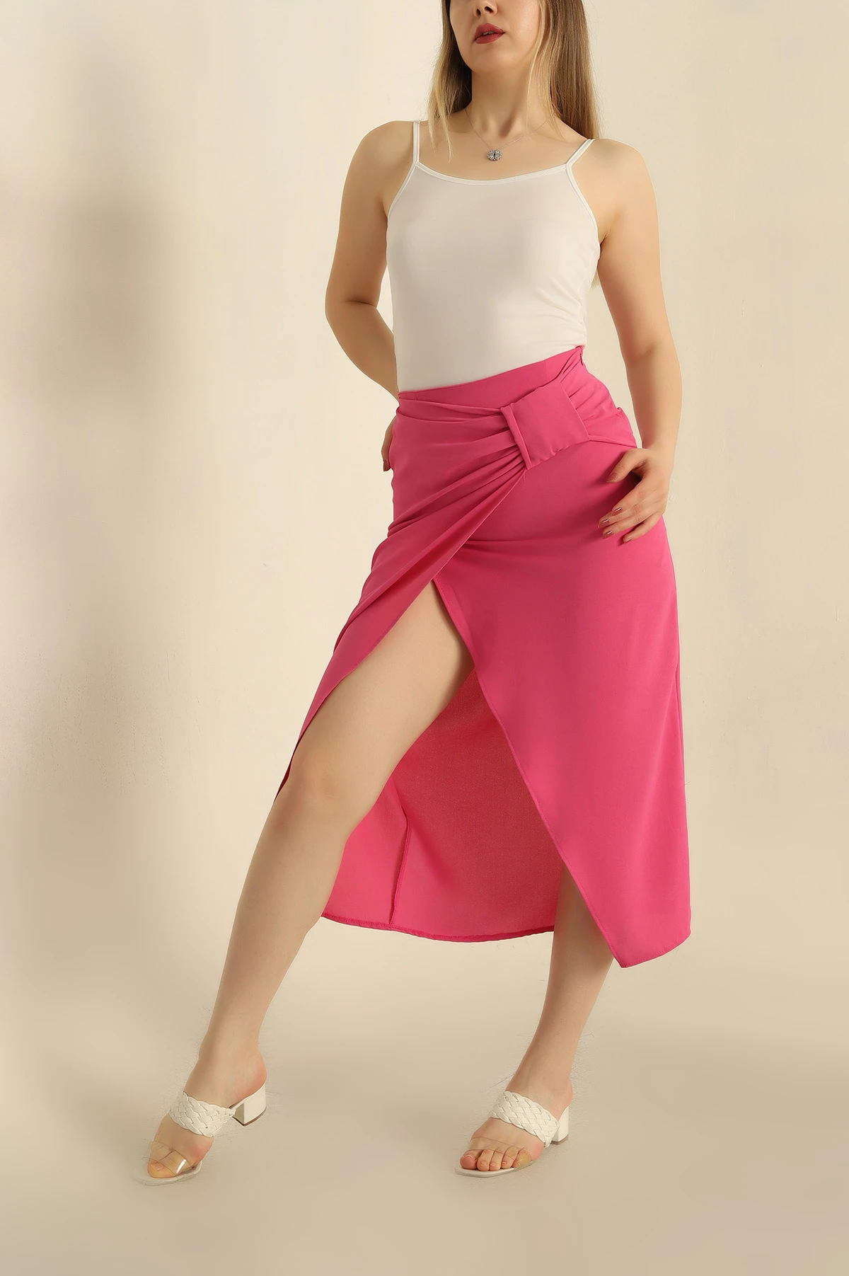 Pembe Önü Fiyonklu Crep Etek 268039