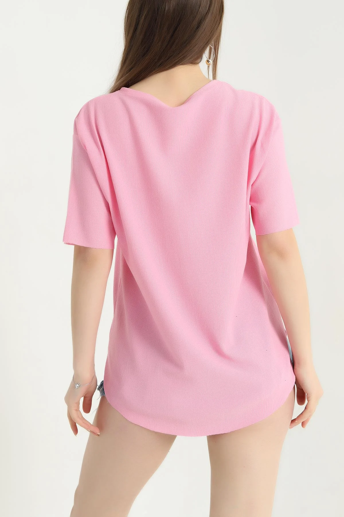 Pembe Oval Kesim Dokulu Tişört 337674