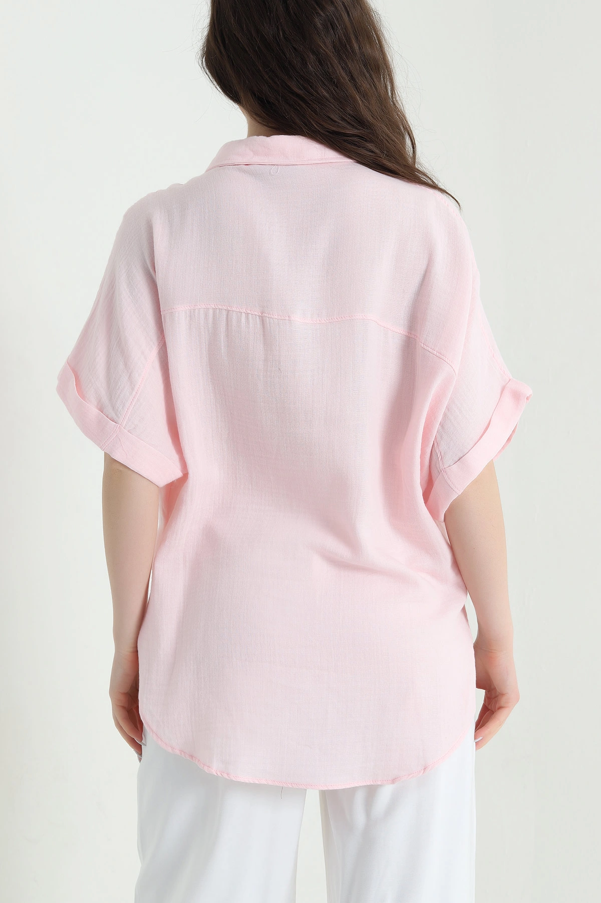 Pembe Oval Kesim Oversize Müslin Keten Kadın Gömlek 447002