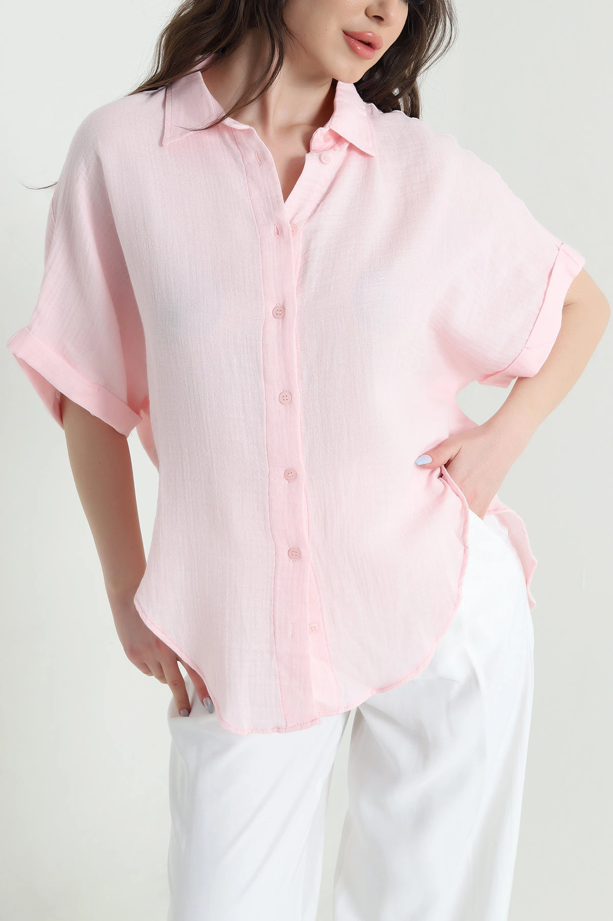 Pembe Oval Kesim Oversize Müslin Keten Kadın Gömlek 447002