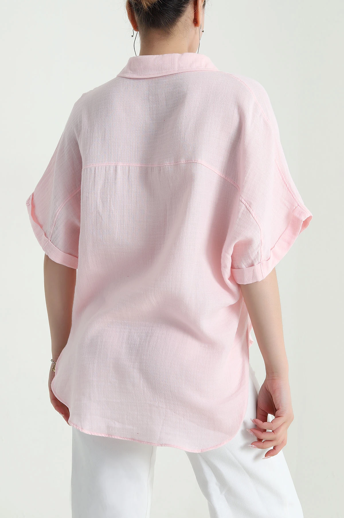 Pembe Oval Kesim Oversize Müslin Keten Kadın Gömlek 480180