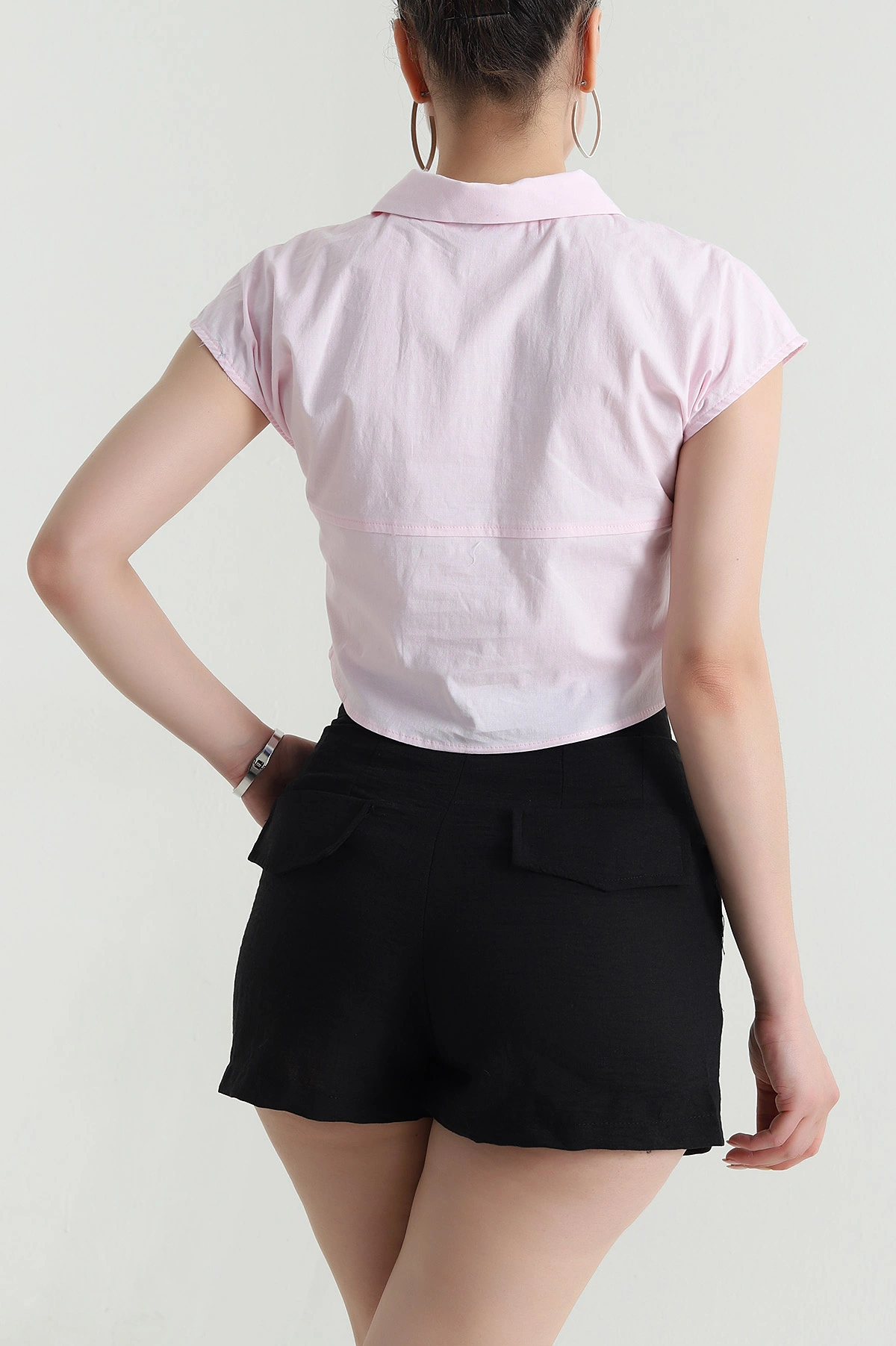 Pembe Oval Kesim Poplin Kadın Crop Gömlek 472291