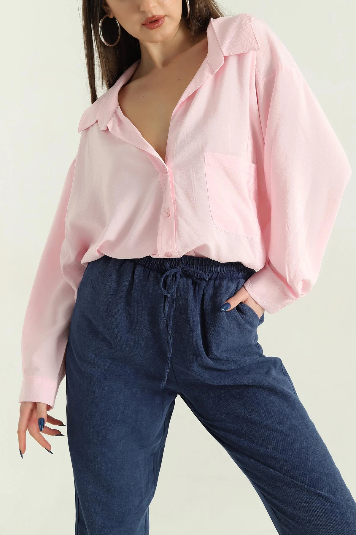Pembe Oversize Aerobin Kumaş Bayan Gömlek 337190