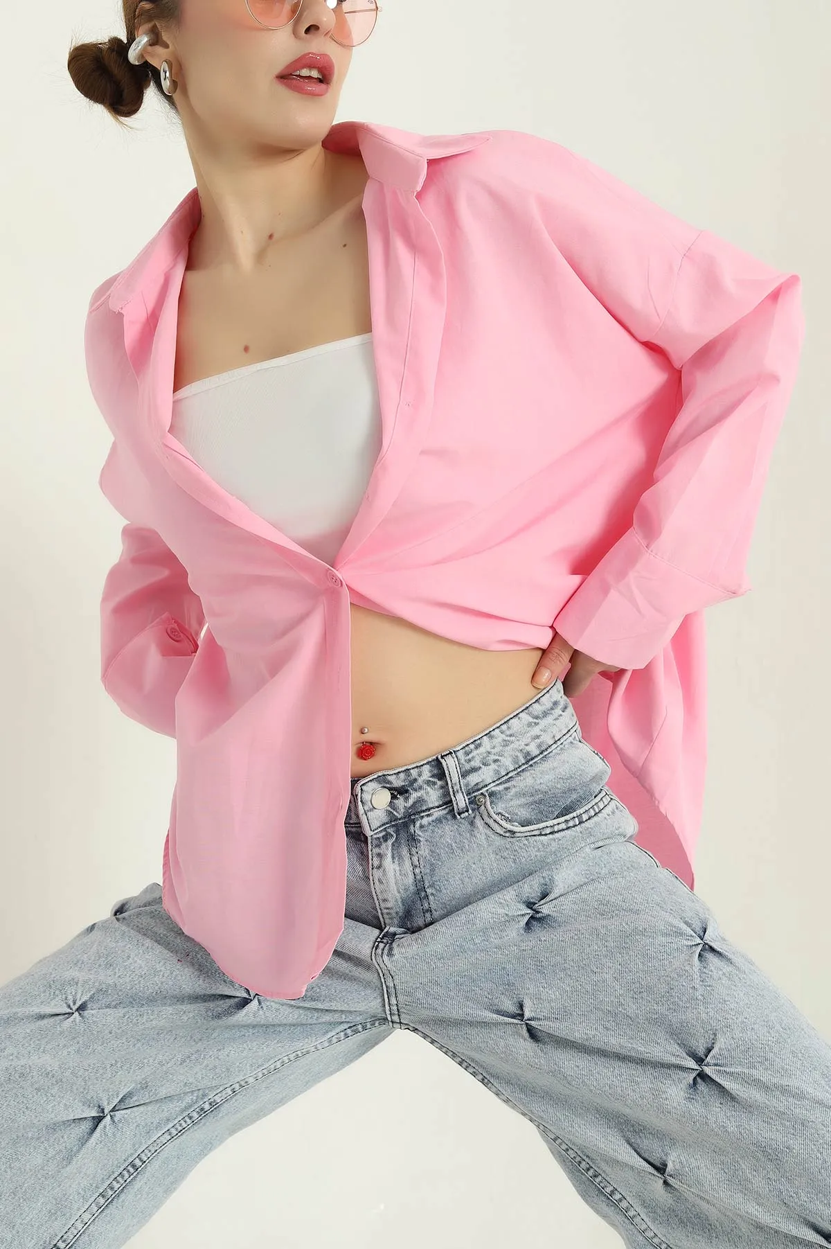 Pembe Oversize Bayan Poplin Gömlek 337010