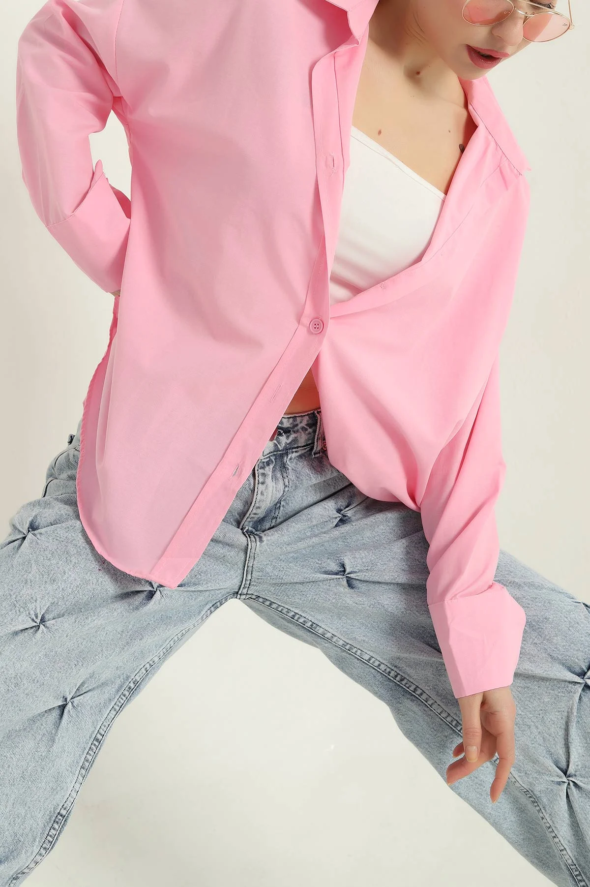 Pembe Oversize Bayan Poplin Gömlek 337010