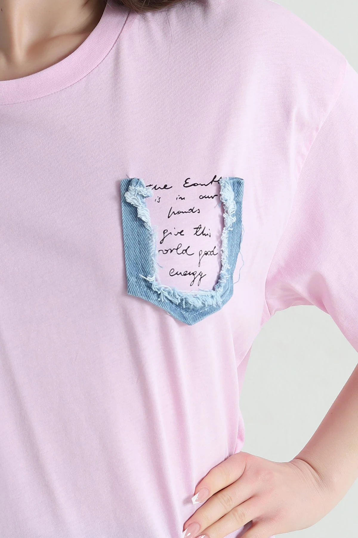 Pembe Oversize Bisiklet Yaka Süprem Kadın Tişört 452516