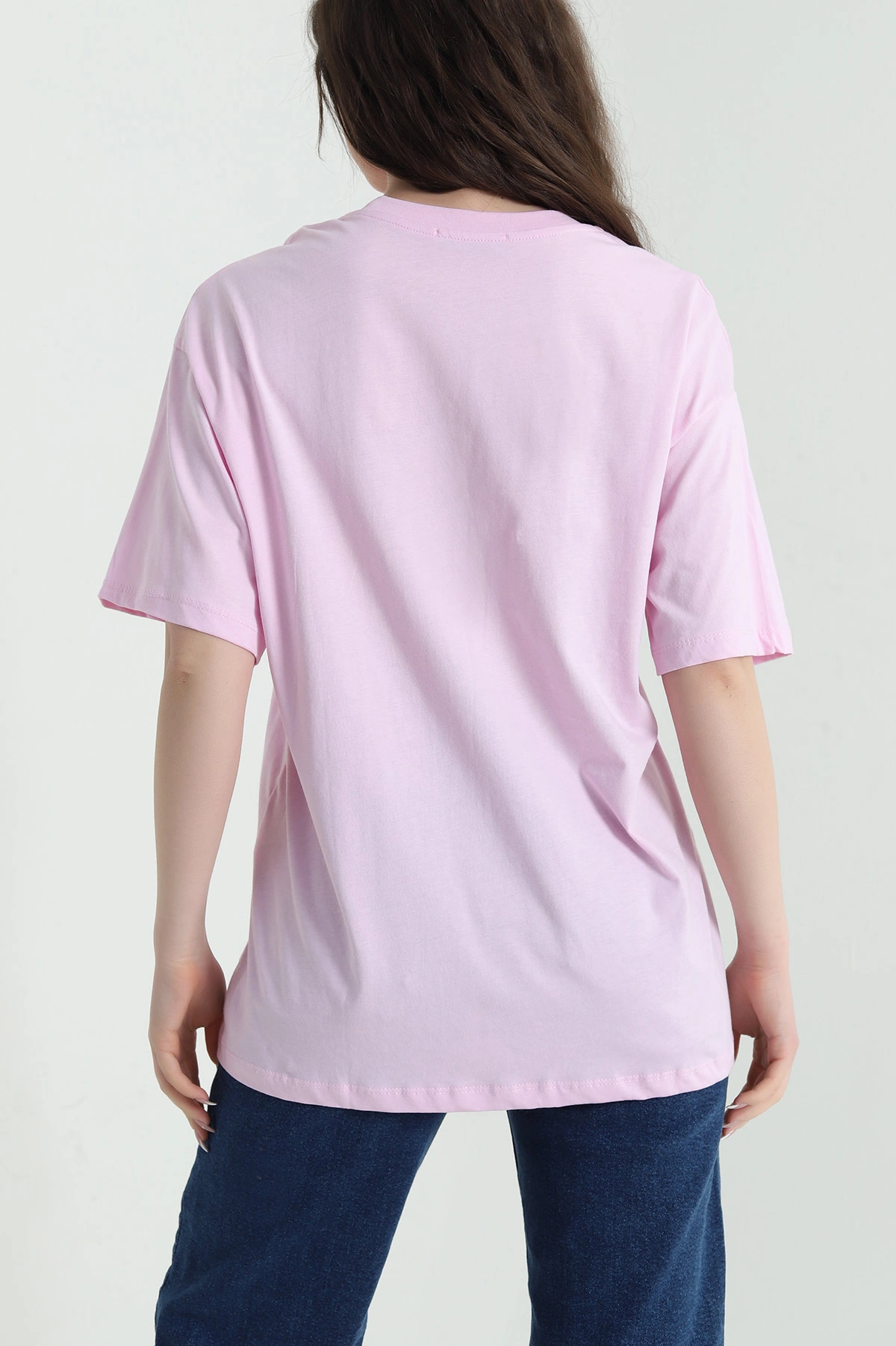 Pembe Oversize Bisiklet Yaka Süprem Kadın Tişört 452516