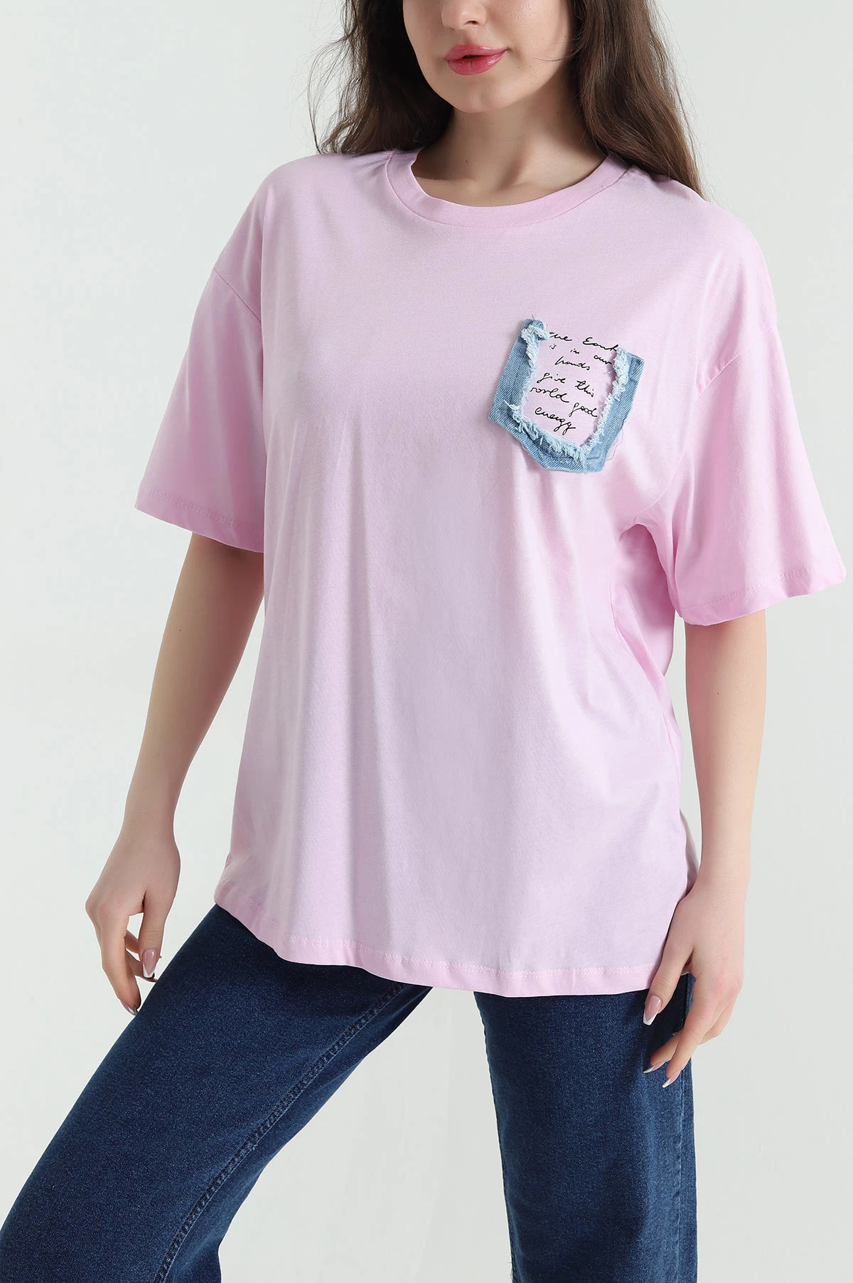 Pembe Oversize Bisiklet Yaka Süprem Kadın Tişört 452516