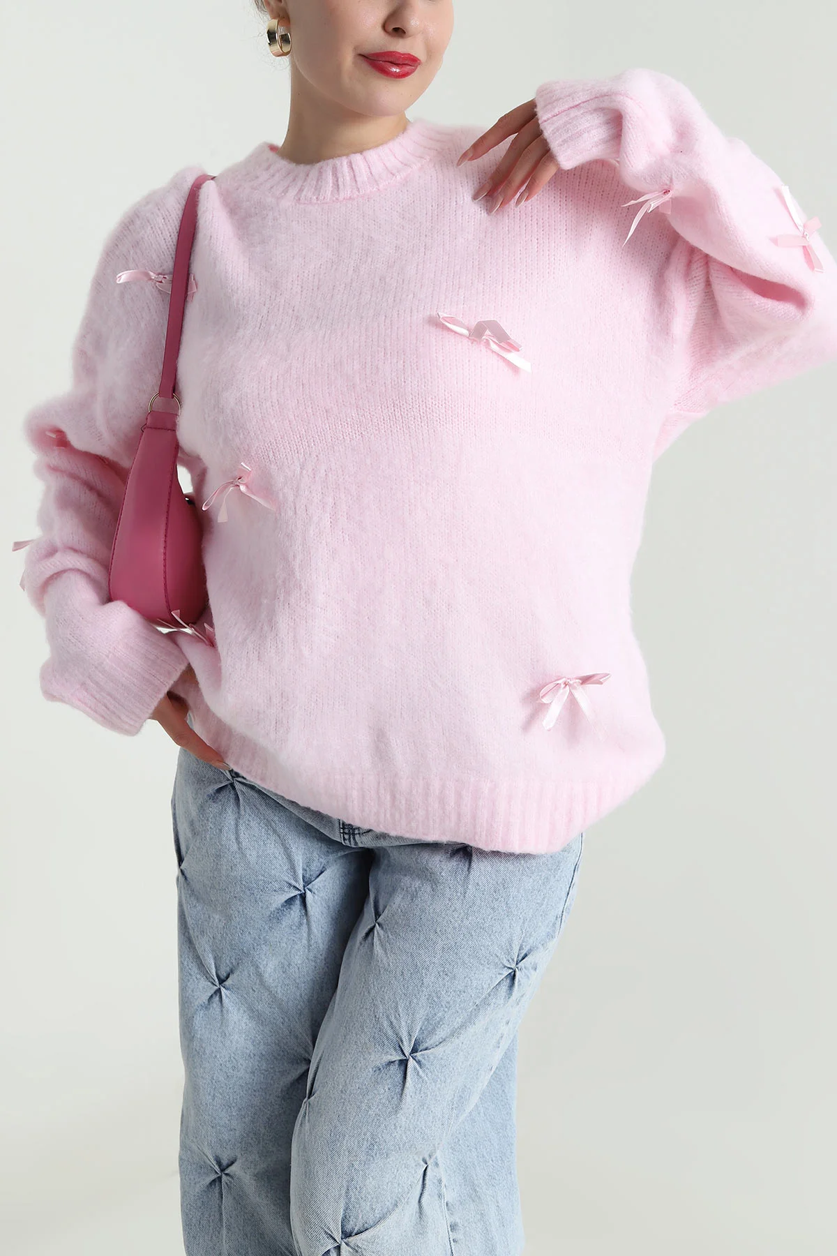 Pembe Oversize Fiyonklu Kadın Triko Kazak 491004