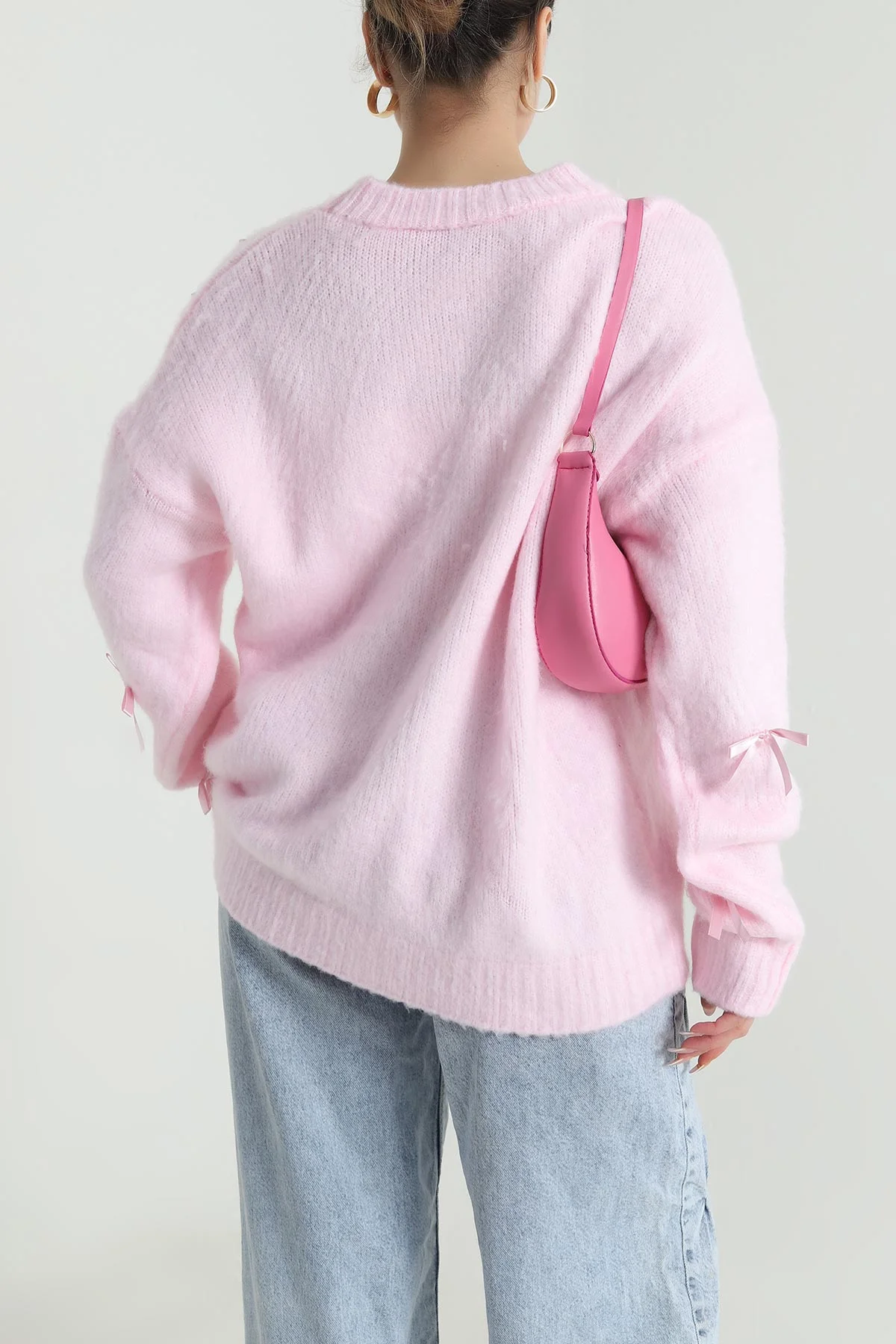 Pembe Oversize Fiyonklu Kadın Triko Kazak 491004