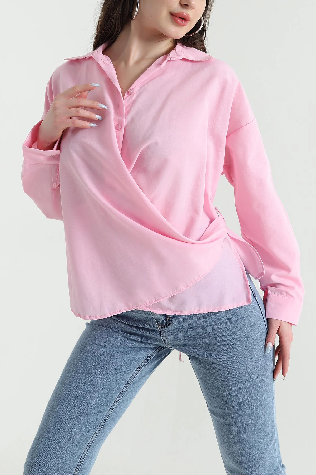 Pembe Oversize Poplin Kadın Gömlek 448914