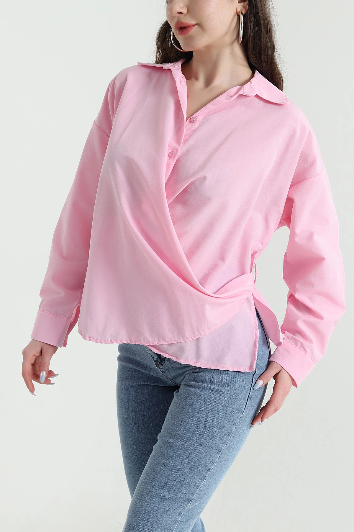 Pembe Oversize Poplin Kadın Gömlek 448914