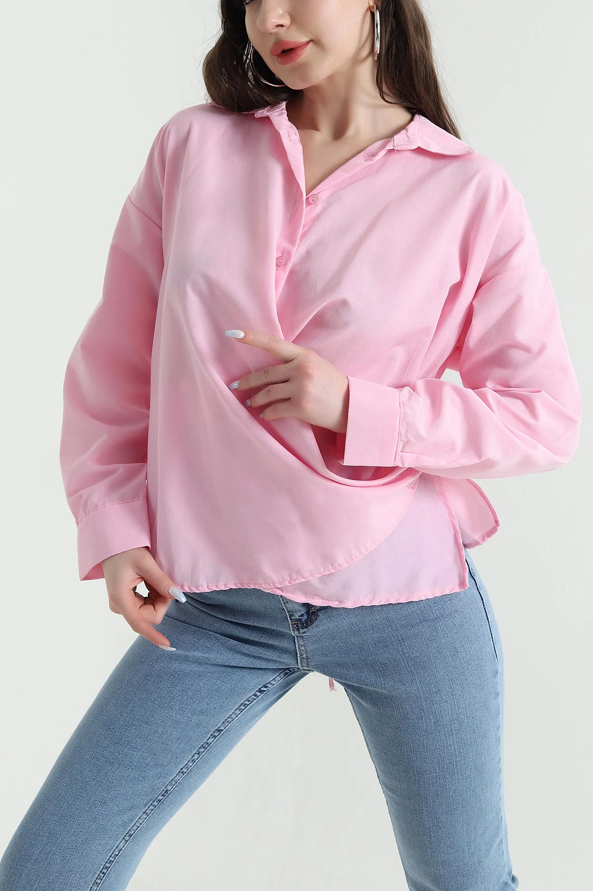 Pembe Oversize Poplin Kadın Gömlek 448914