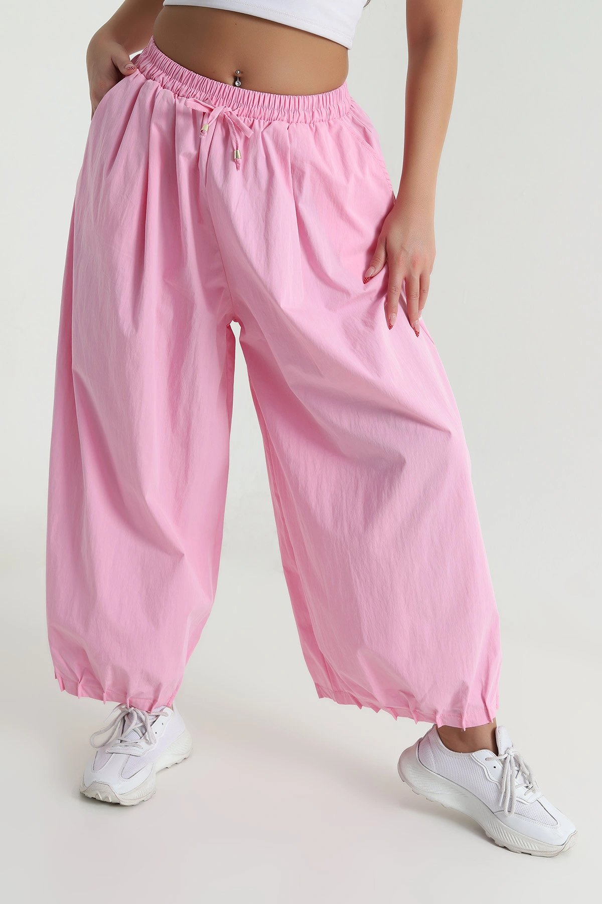 Pembe Paça Pileli Baggy Kadın Pantolon 478811