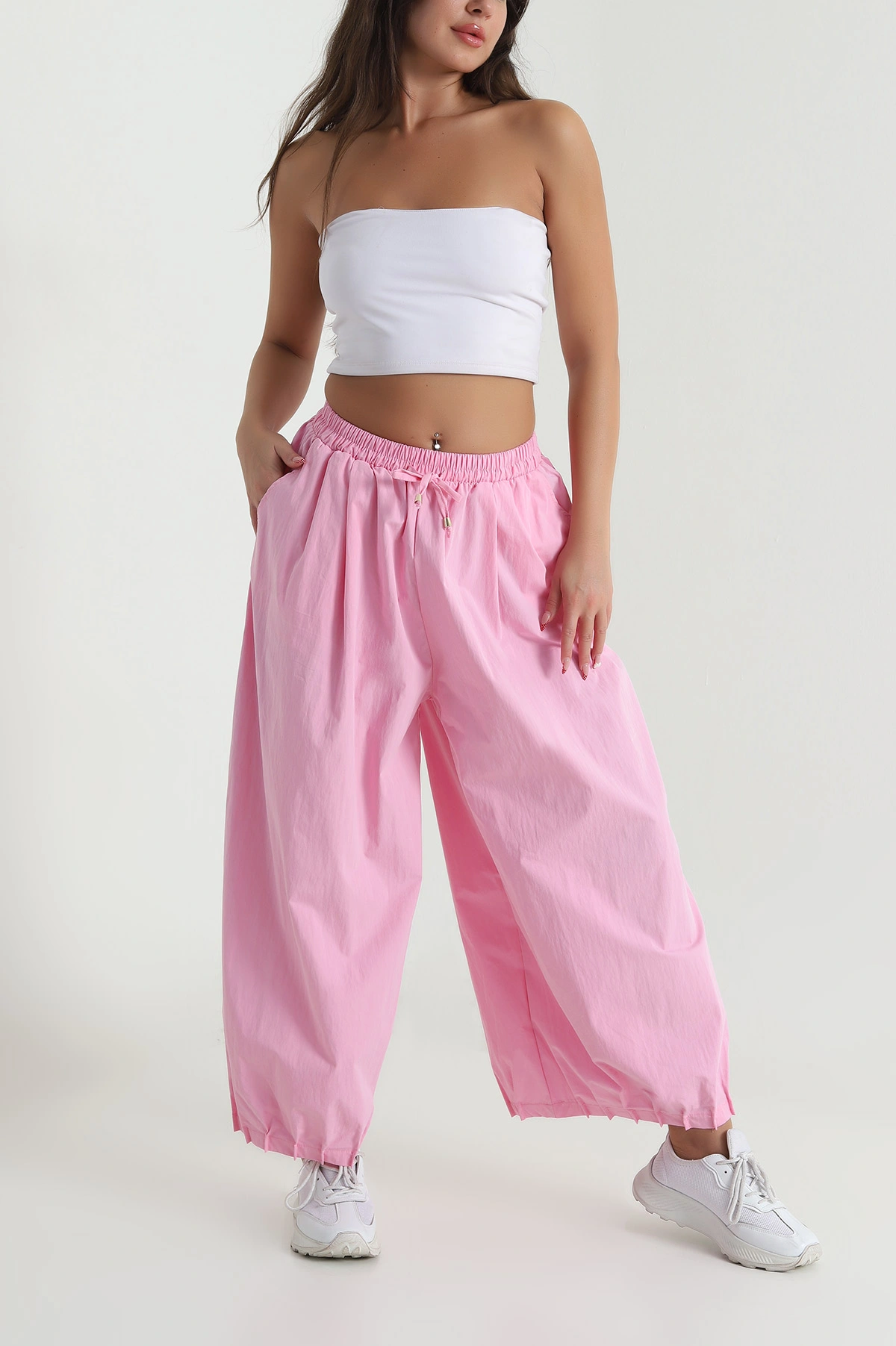 Pembe Paça Pileli Baggy Kadın Pantolon 478811