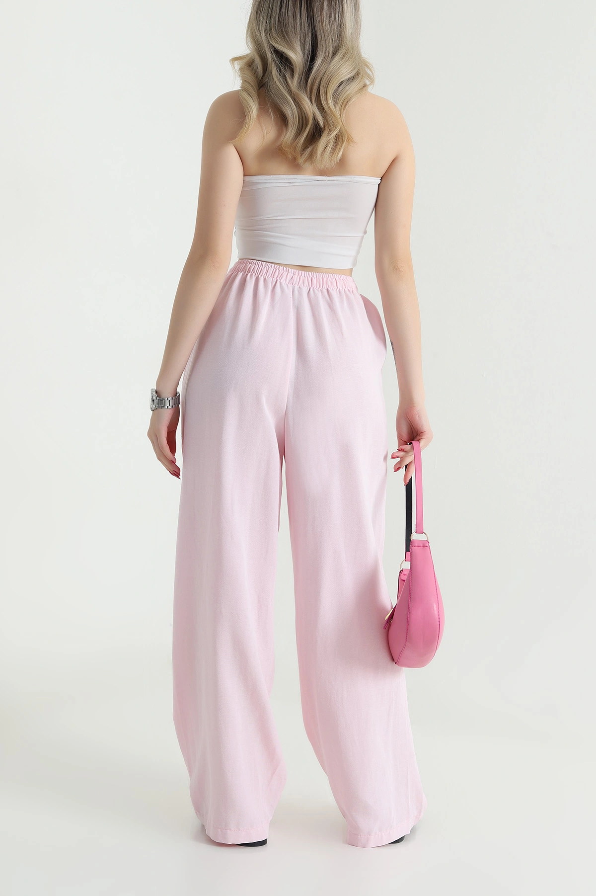 Pembe Palazzo Keten Dokuma Kadın Pantolon 469372