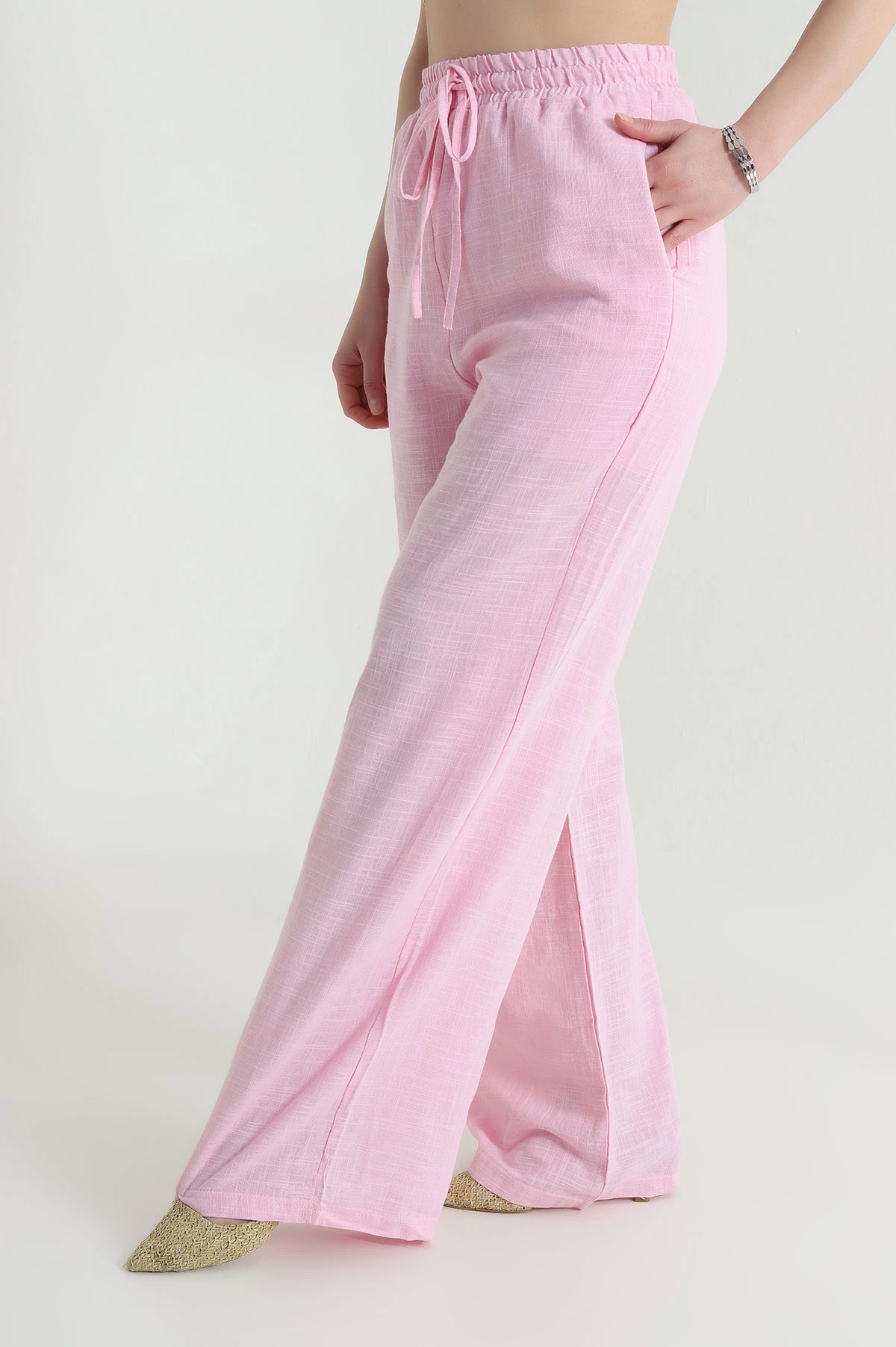 Pembe Palazzo Keten Kadın Pantolon 464808