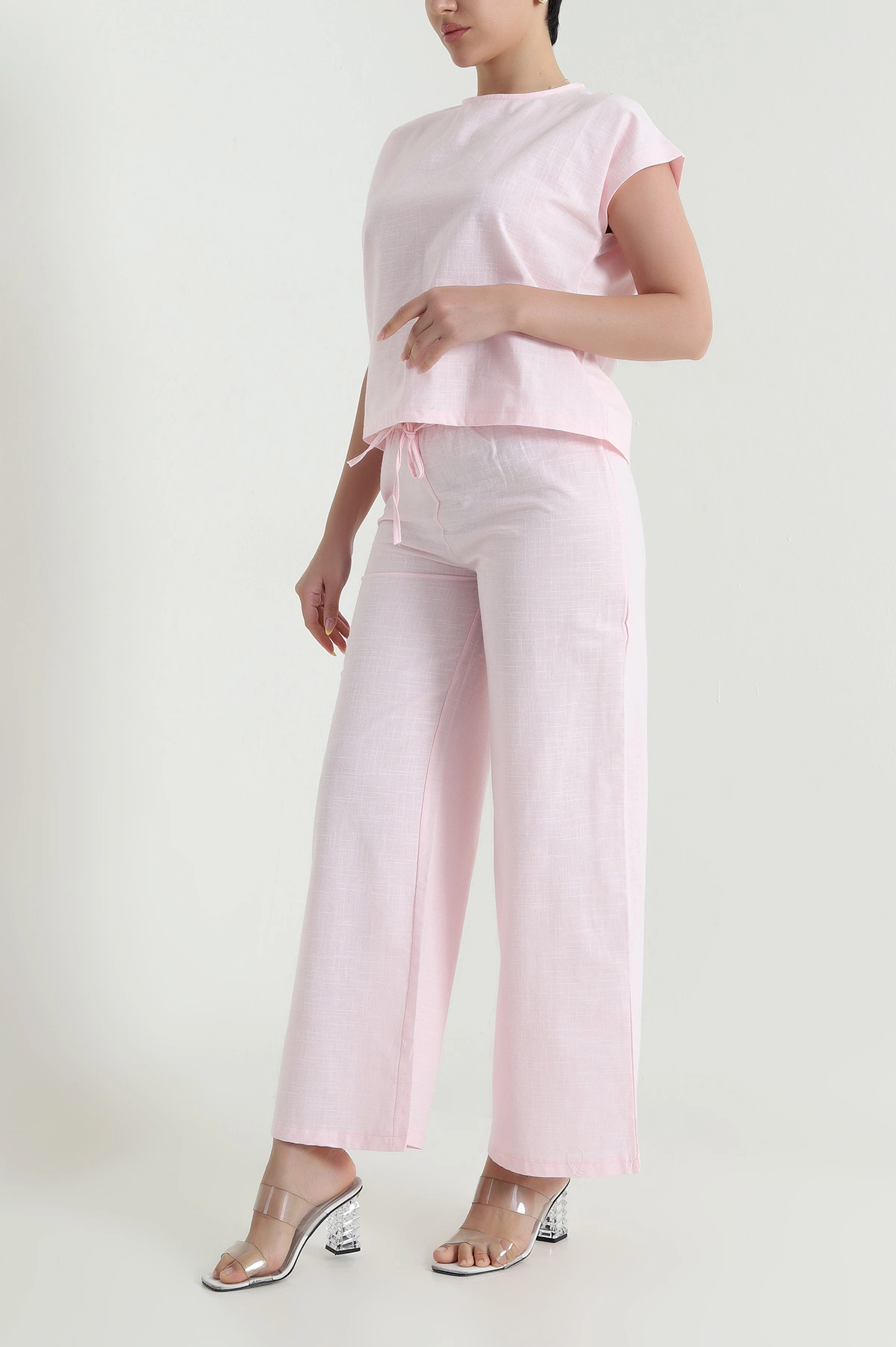 Pembe Pantolon Bluz Keten Kadın İkili Takım 466180