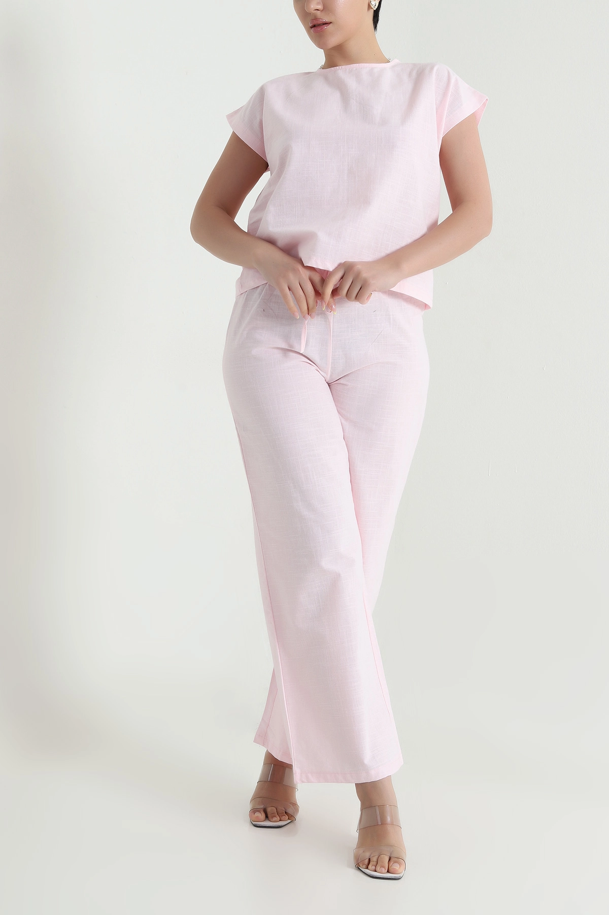 Pembe Pantolon Bluz Keten Kadın İkili Takım 466180