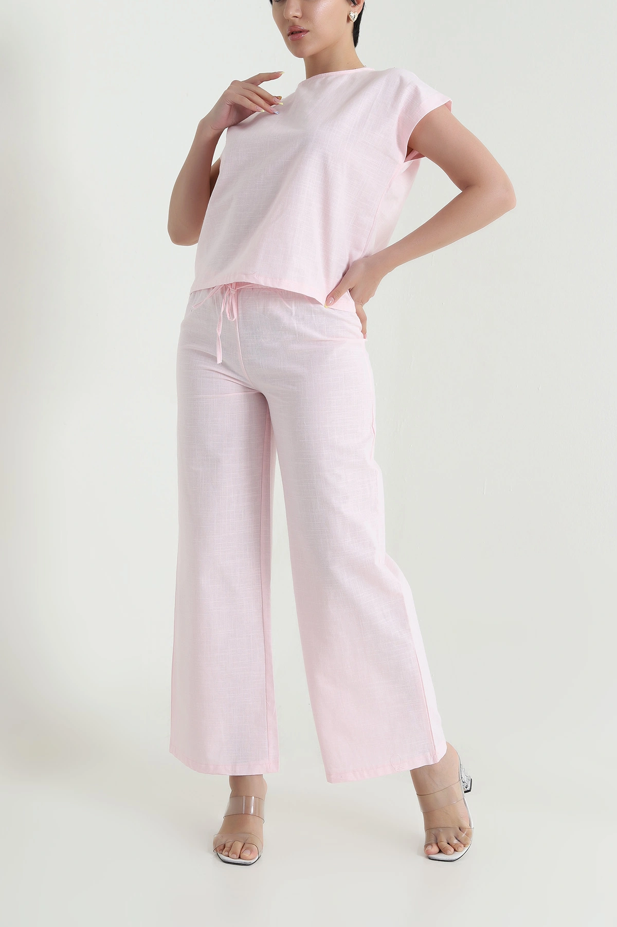 Pembe Pantolon Bluz Keten Kadın İkili Takım 466180