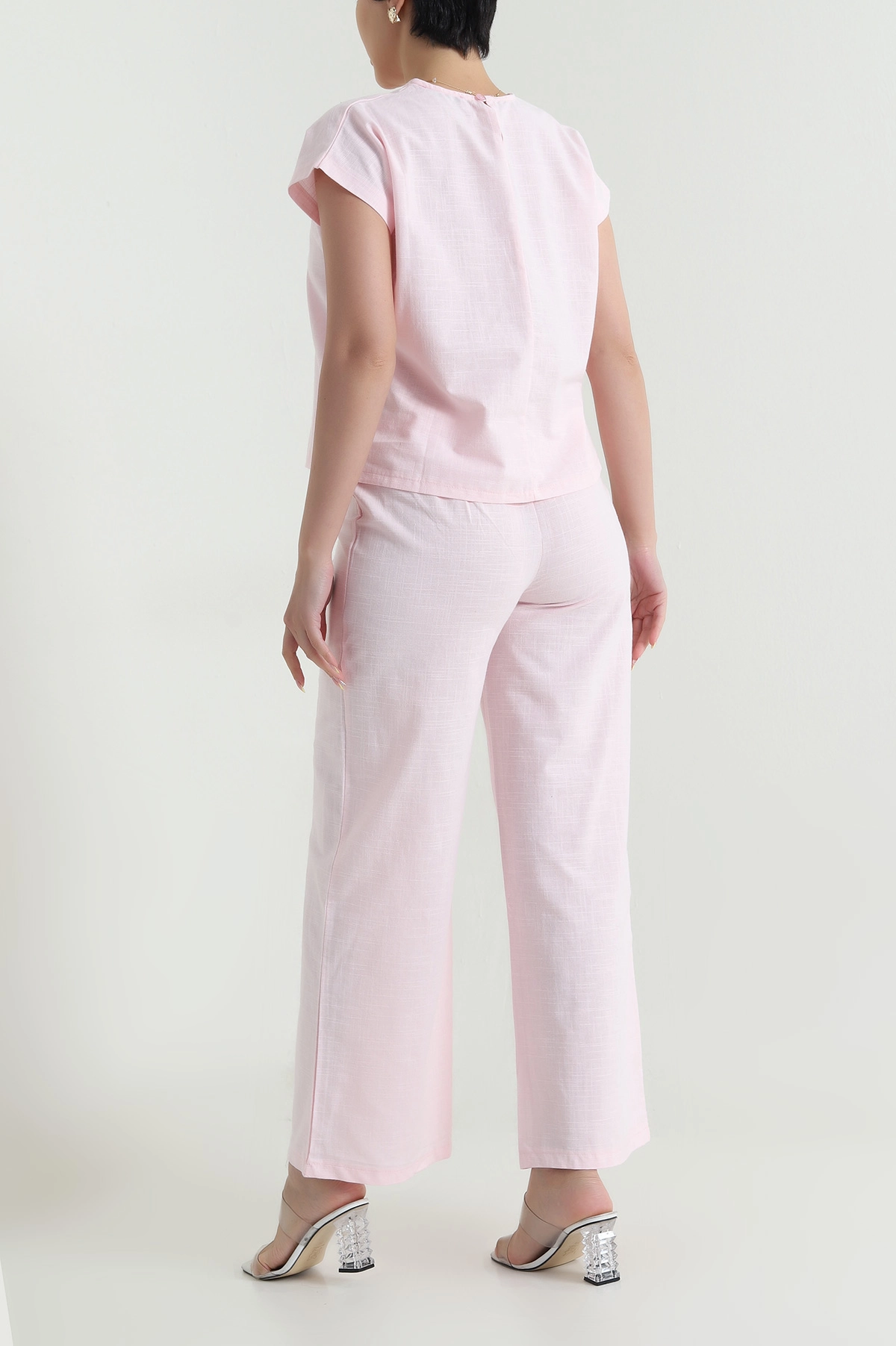 Pembe Pantolon Bluz Keten Kadın İkili Takım 466180