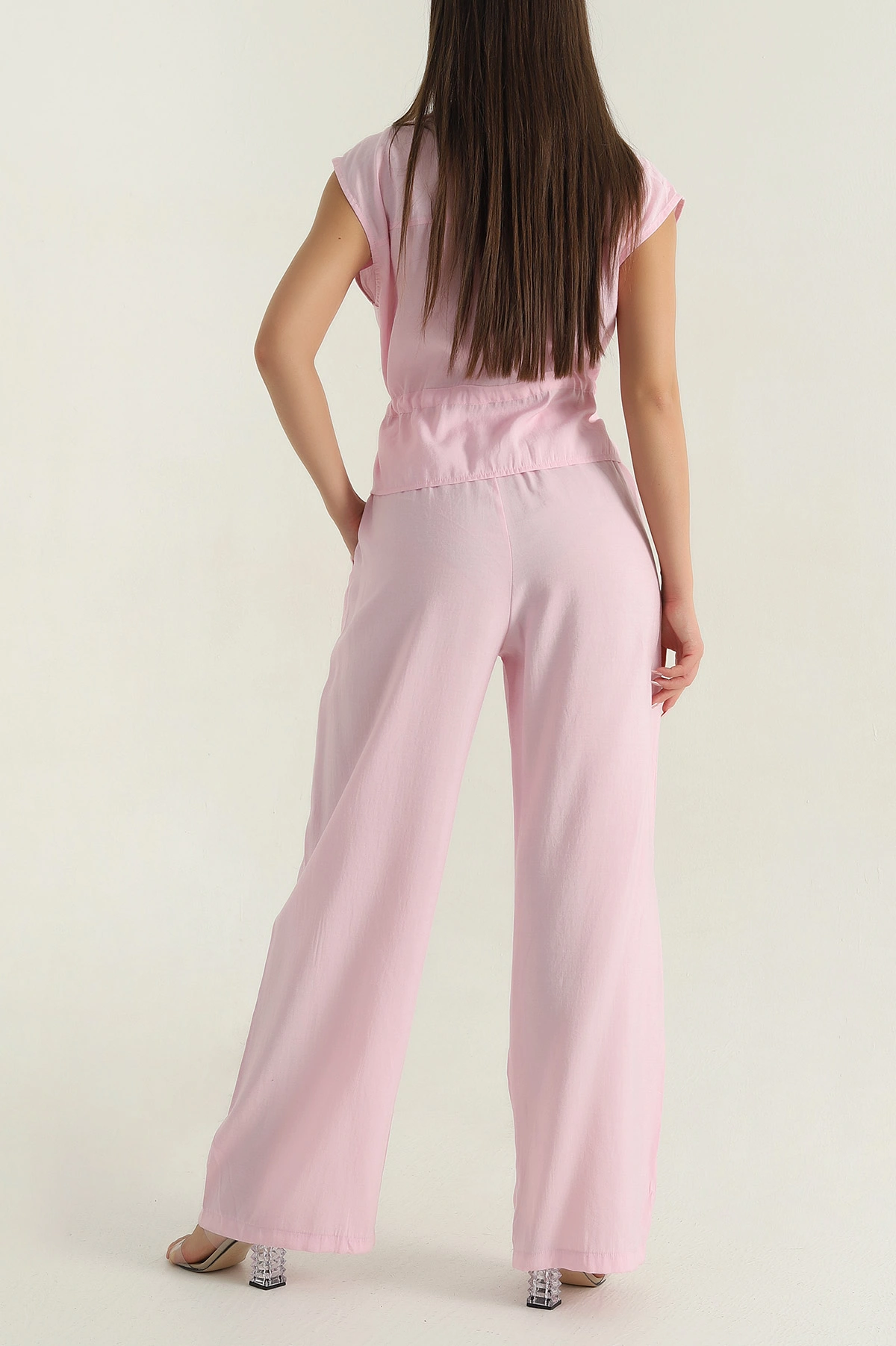 Pembe Pantolon Yelek Tensel Kadın İkili Takım 377849