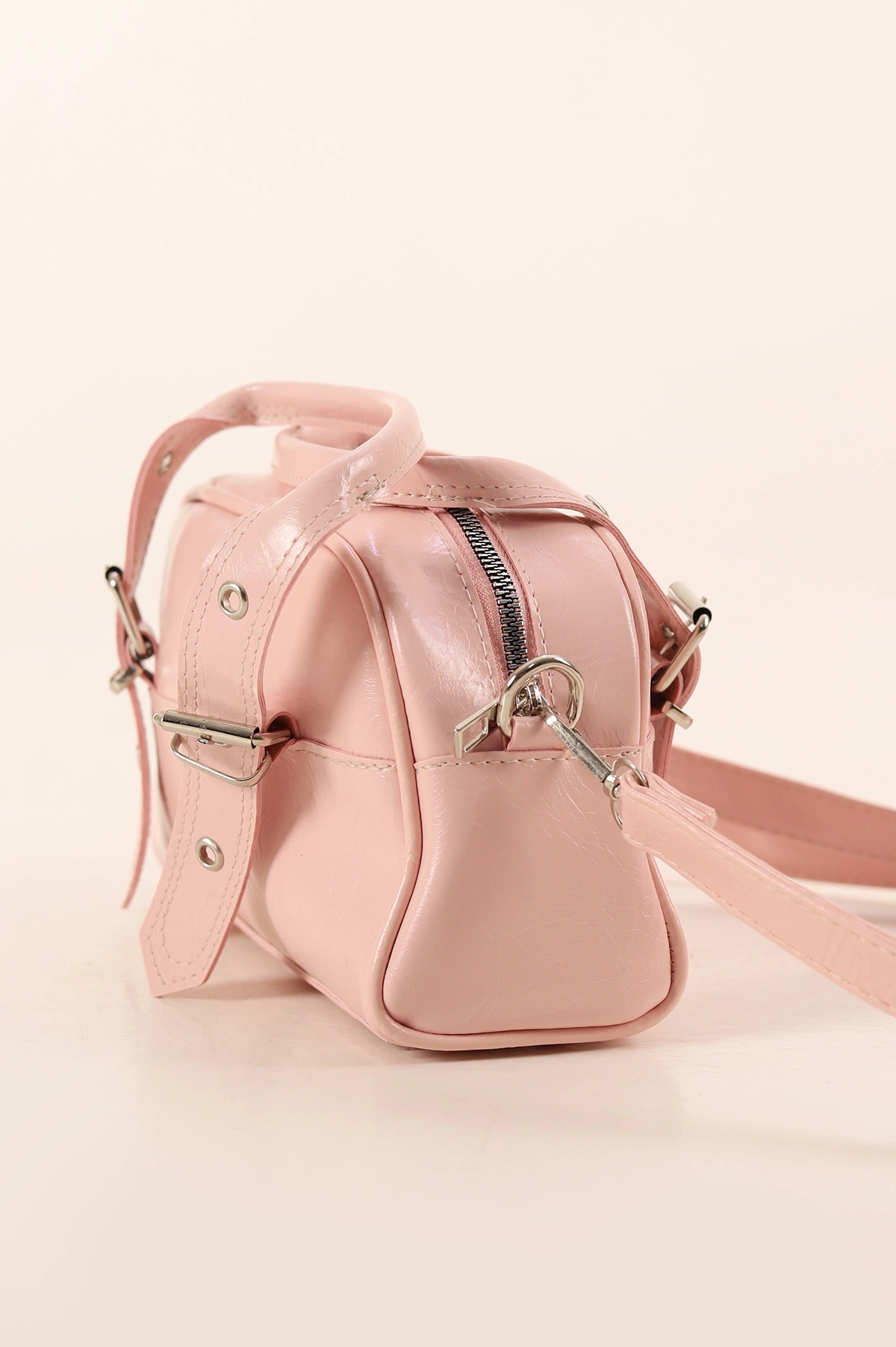 Pembe Parlak Doku Çift Kulplu Kadın El ve Omuz Çantası 379944