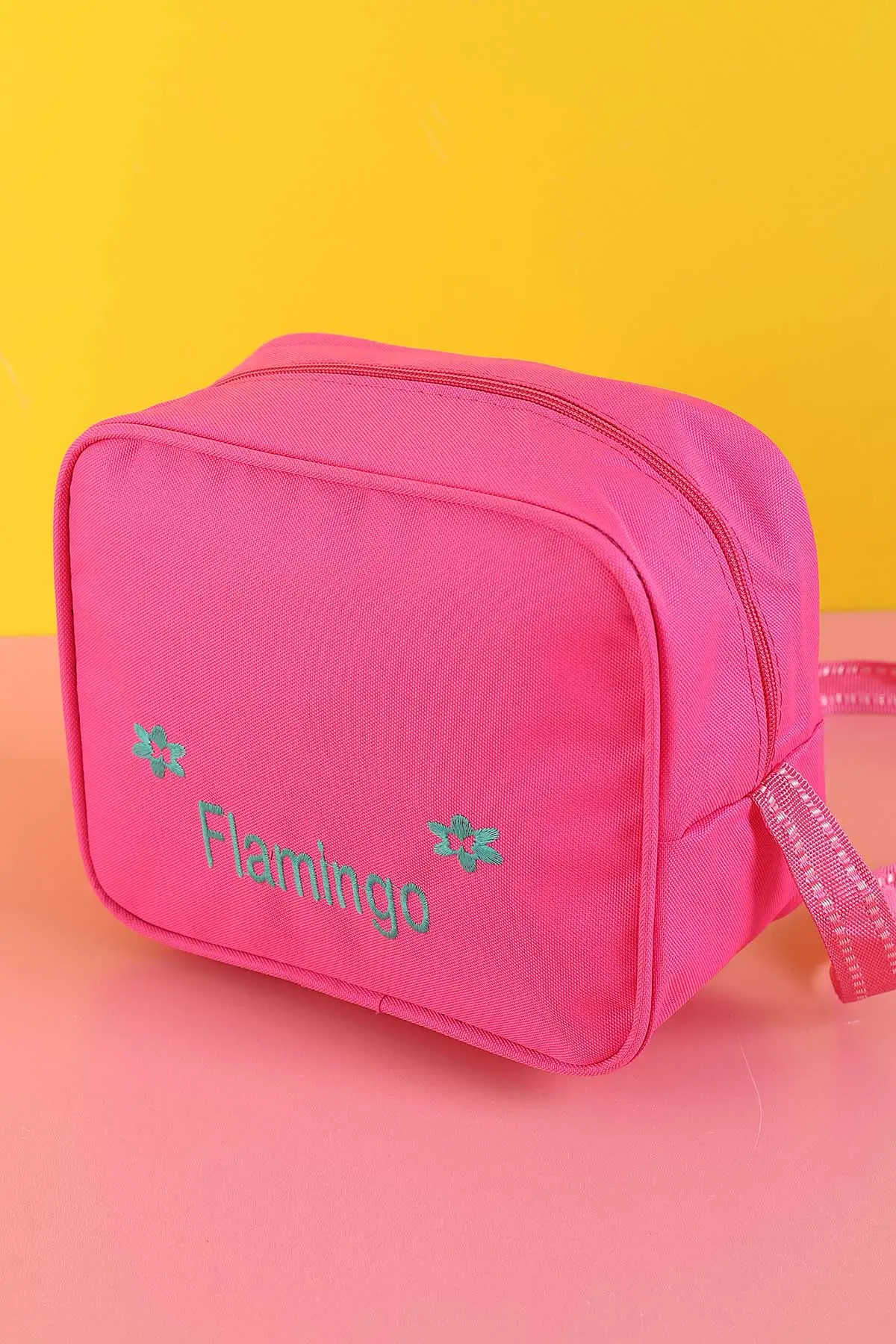 Pembe Peluş Flamingo Kabartma Desenli Beslenme Çantalı İkili Sırt Çantası Seti 288994