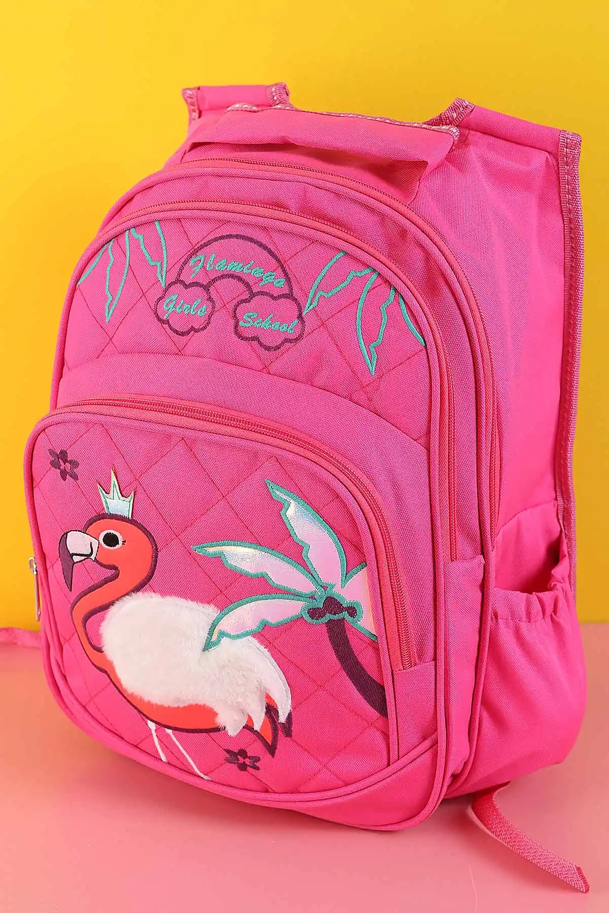 Pembe Peluş Flamingo Kabartma Desenli Beslenme Çantalı İkili Sırt Çantası Seti 288994
