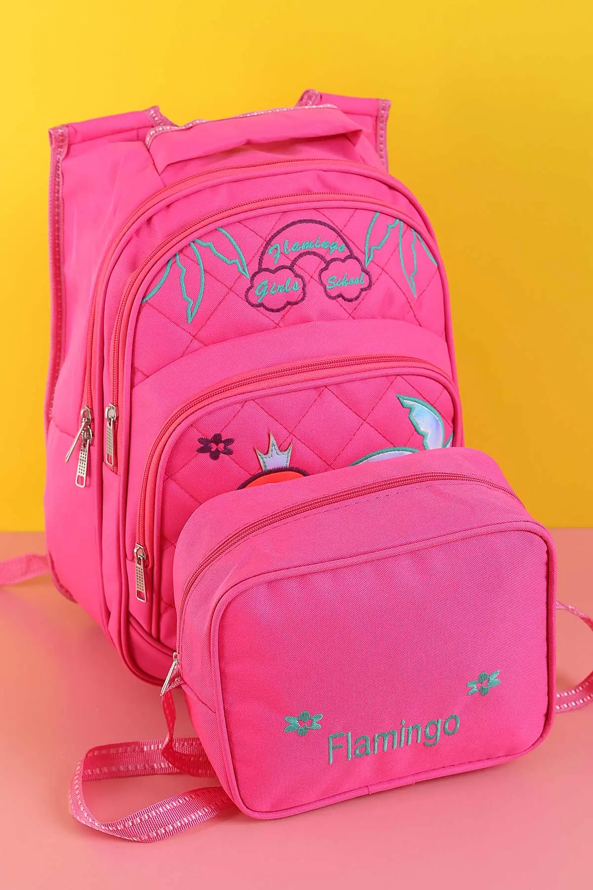 Pembe Peluş Flamingo Kabartma Desenli Beslenme Çantalı İkili Sırt Çantası Seti 288994