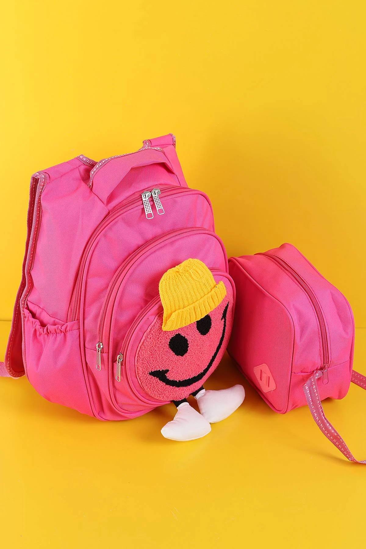 Pembe Peluş Kabartma Desenli Beslenme Çantalı İkili Sırt Çantası Seti 289287