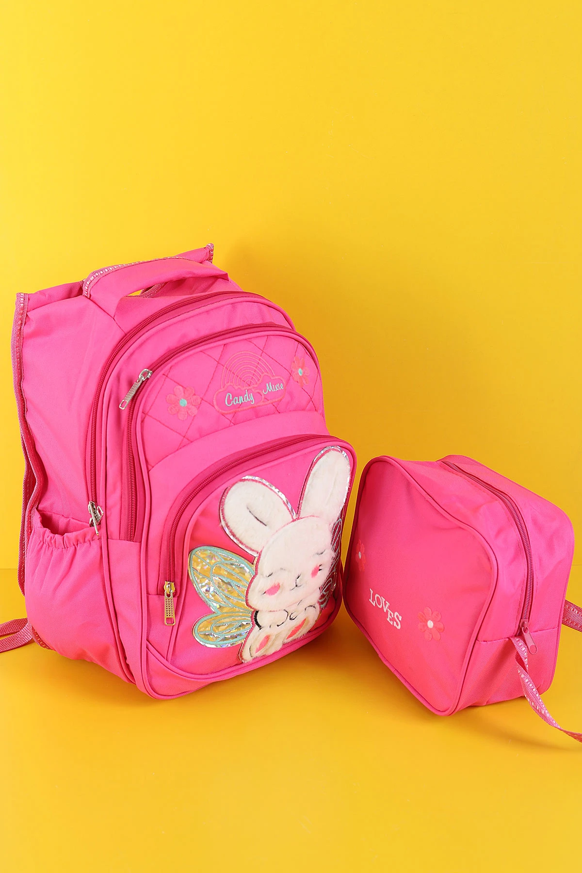 Pembe Peluş Kabartma Desenli Beslenme Çantalı İkili Sırt Çantası Seti 289727
