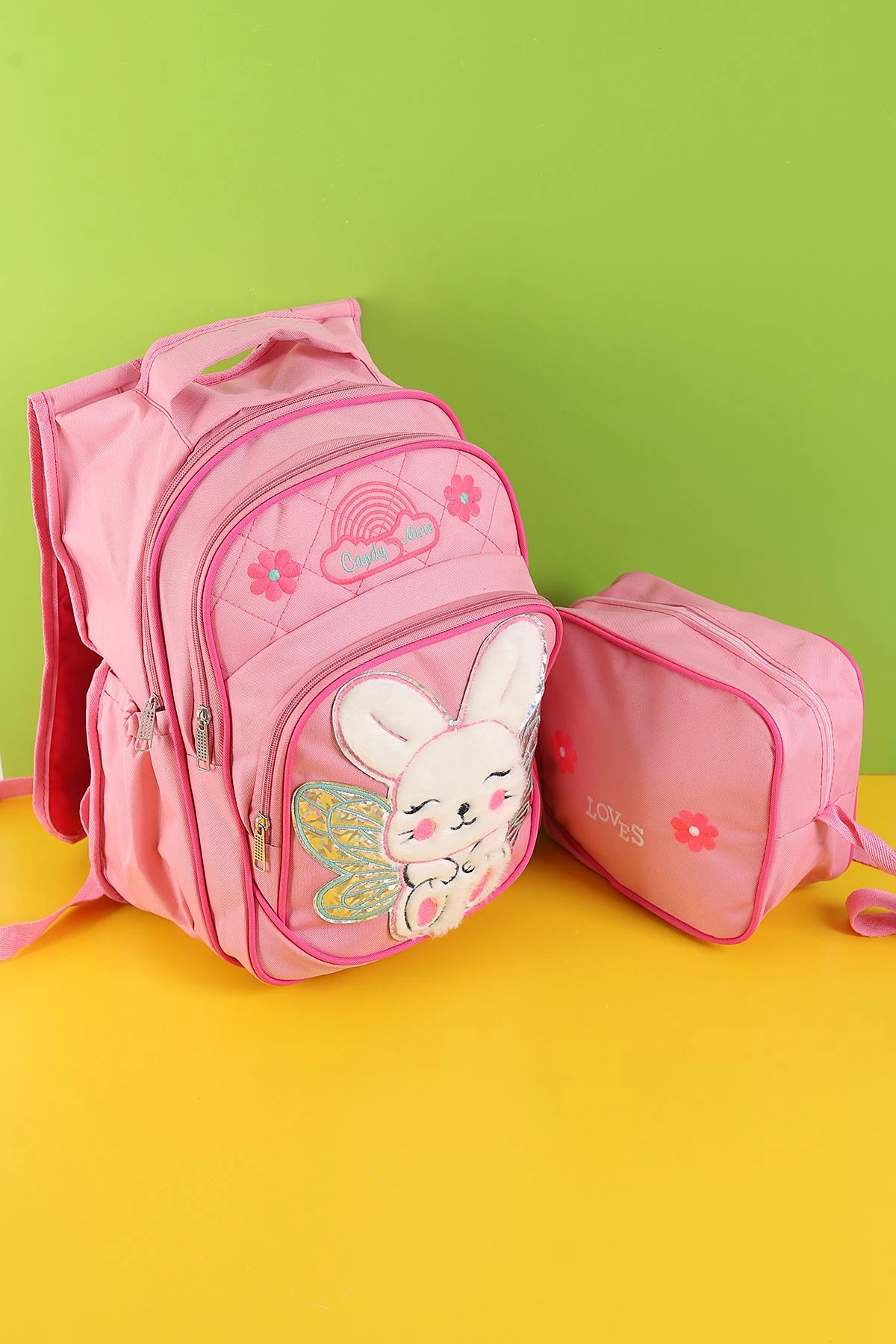 Pembe Peluş Kabartma Desenli Beslenme Çantalı İkili Sırt Çantası Seti 290026