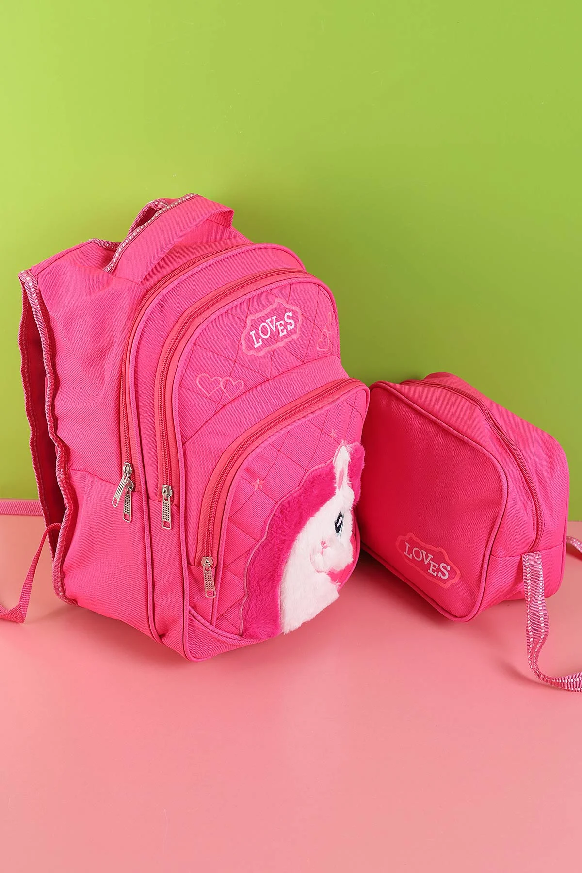 Pembe Peluş Kabartma Desenli Beslenme Çantalı İkili Sırt Çantası Seti 290030