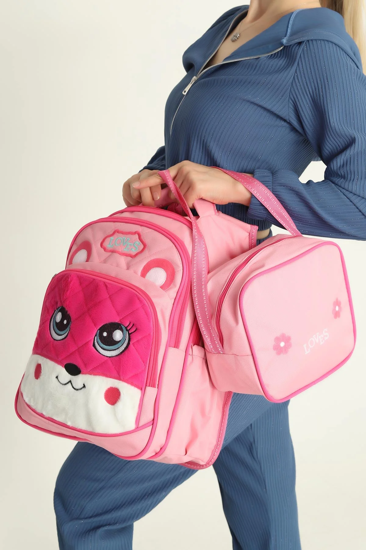 Pembe Peluş Kabartma Desenli Beslenme Çantalı İkili Sırt Çantası Seti 292846