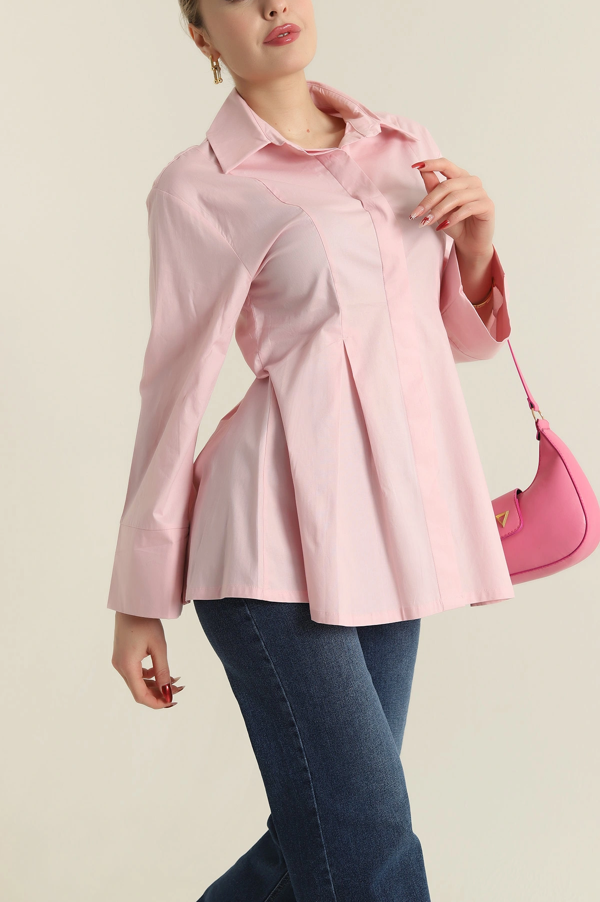 Pembe Pensli Volanlı Poplin Kadın Gömlek 425392